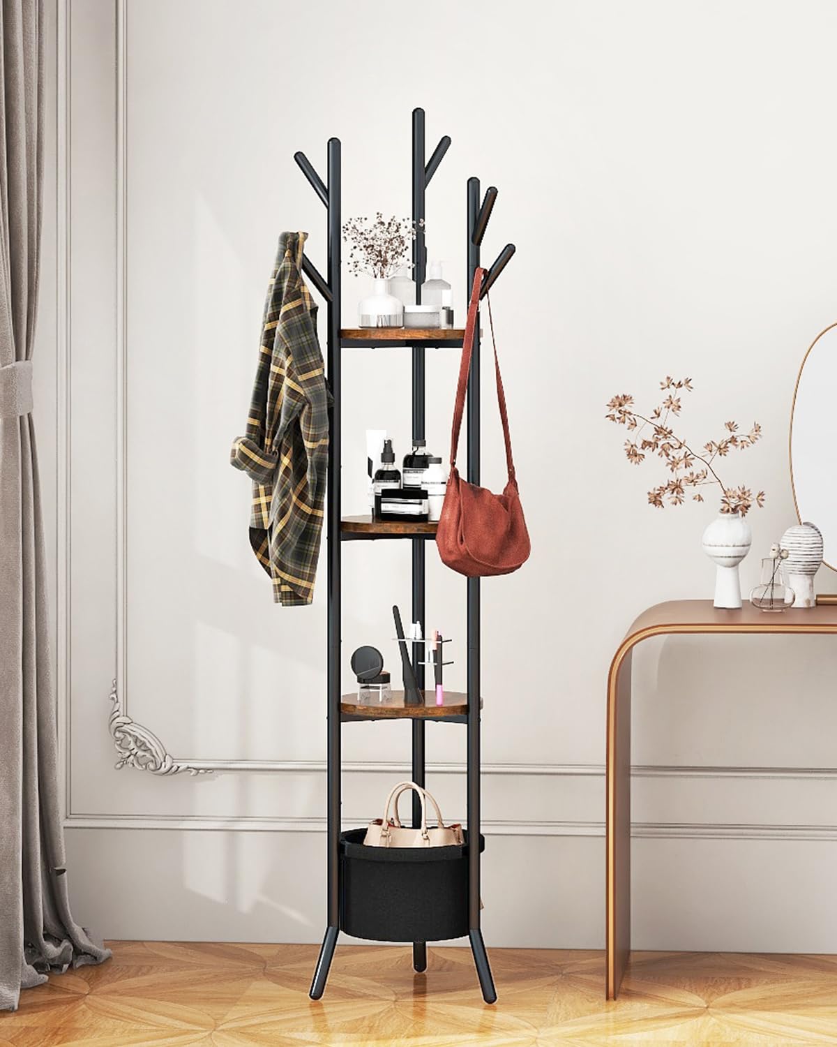 YMYNY Porte Manteau, Portant à Vêtements avec Étagères de Stockage, Arbres de Hall avec 1 Panier en Tissu, Meuble d'Entrée, Design Industriel, pour Chapeaux, Sacs Chambre, Marron Rustique HGR005H
