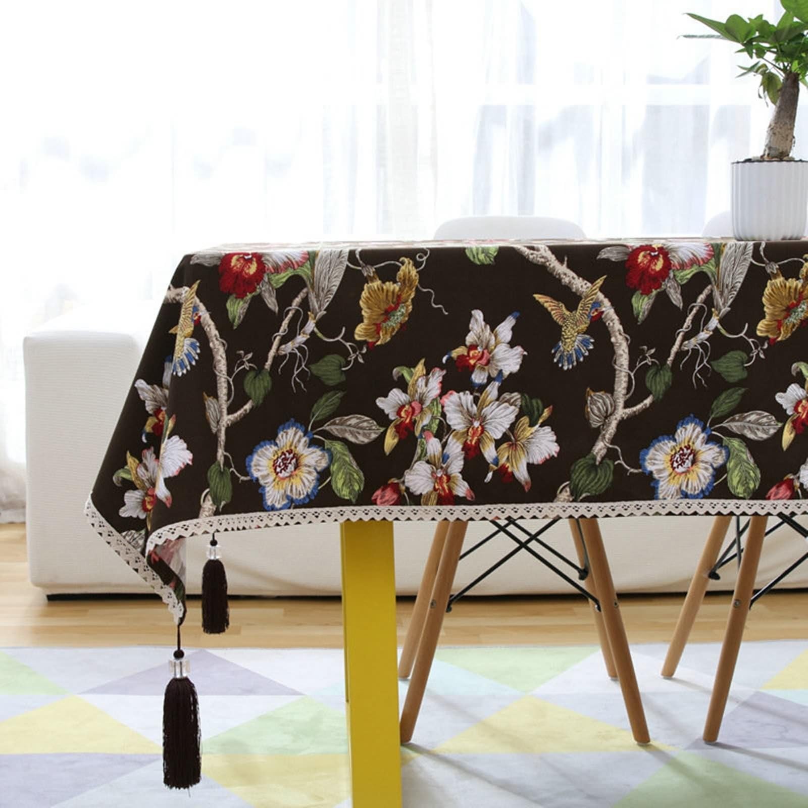 Manteles 140x180cm, Marrón, Rectangular, Mantel de Algodón Floral, Lavable