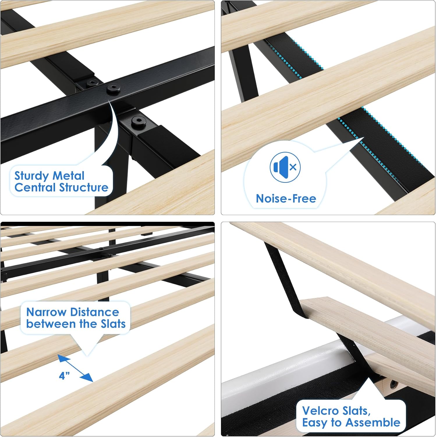 Four images showing details of the bed frame construction: sturdy metal central structure, noise-free design, 4-inch slat spacing, and Velcro slats for easy assembly