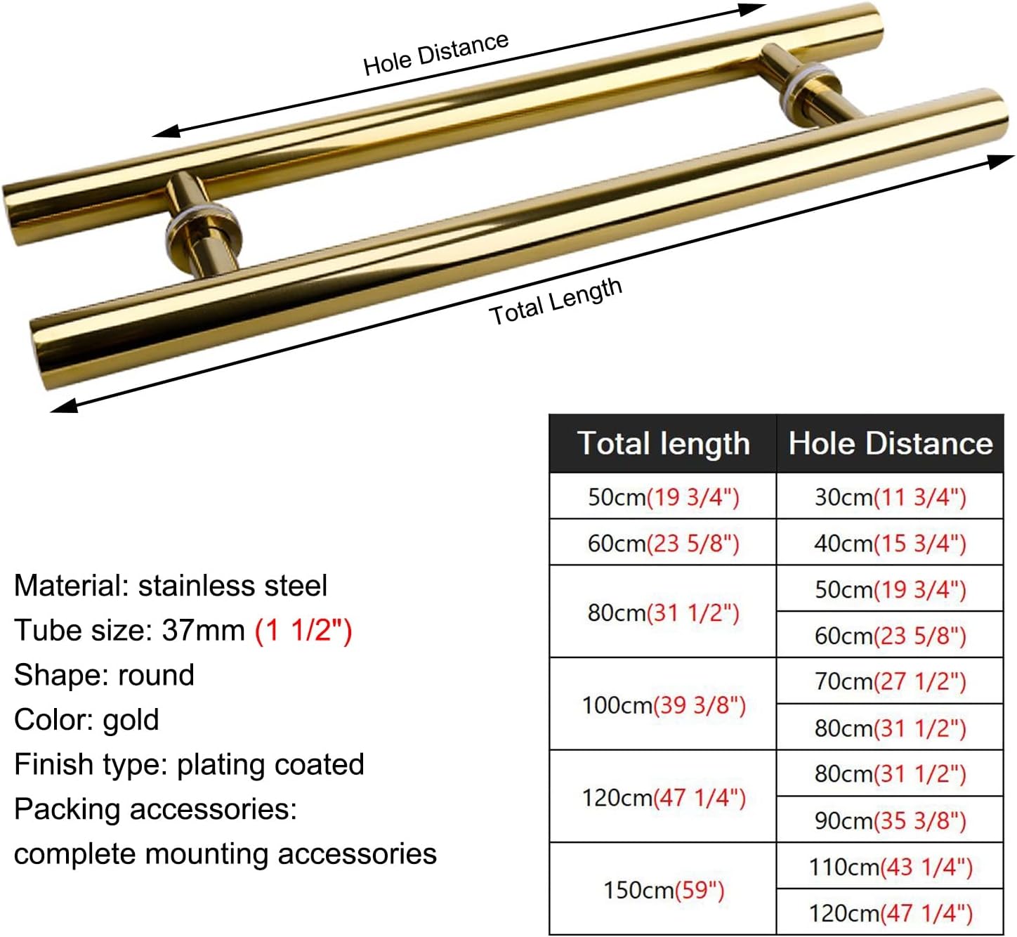 H Shape Sliding Pull Barn Door Handle Set with Double Sided Handles for Single Door Classic Round Handle Easy to Install Gold 150cm(59")*120cm