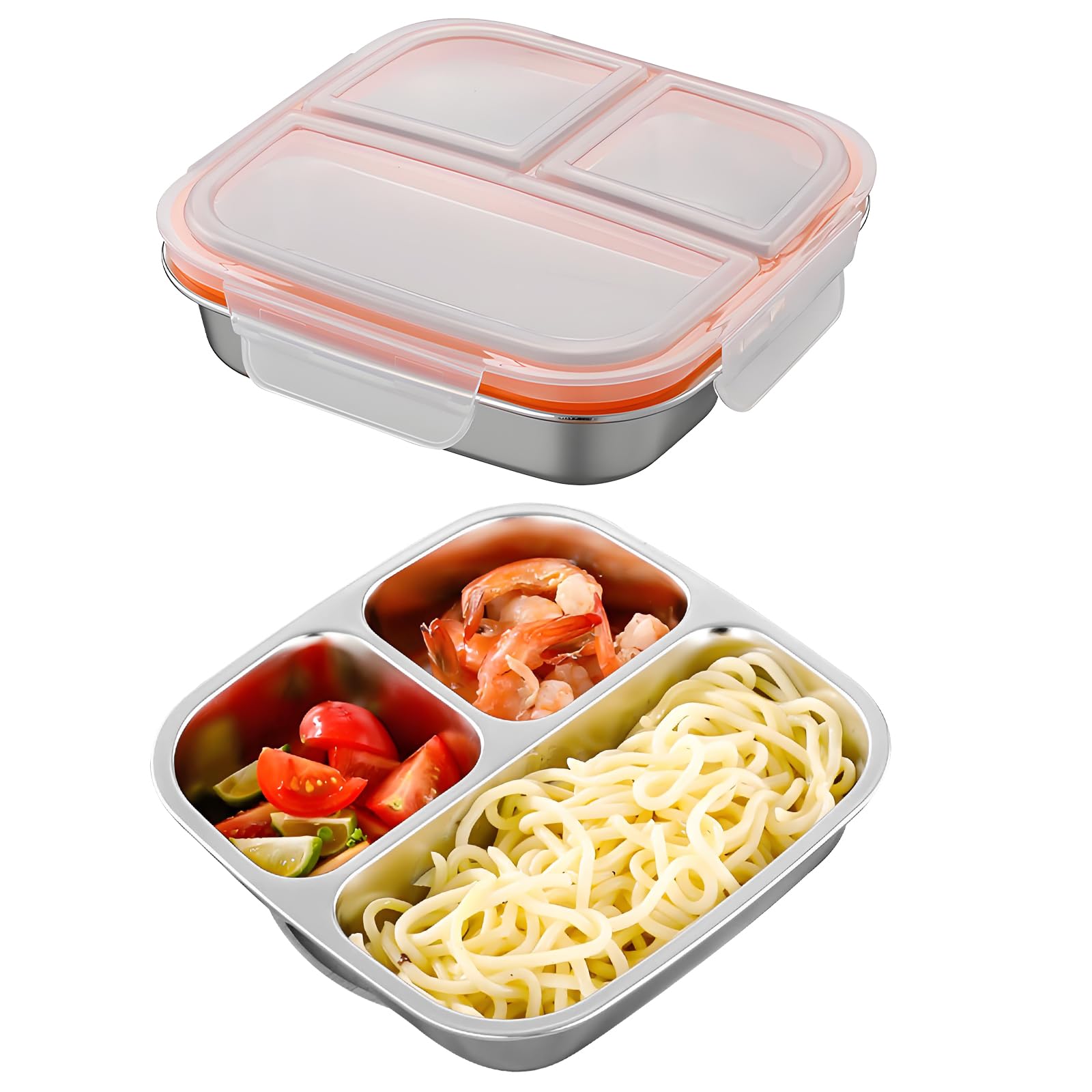 VEGCOO Stainless Steel Snack Boxes, Snack Box with Compartments, Small Stainless Steel Bento Box, Divided Meal Prep Containers with Airtight Lids for School Work Travel (3 Compartment*1)