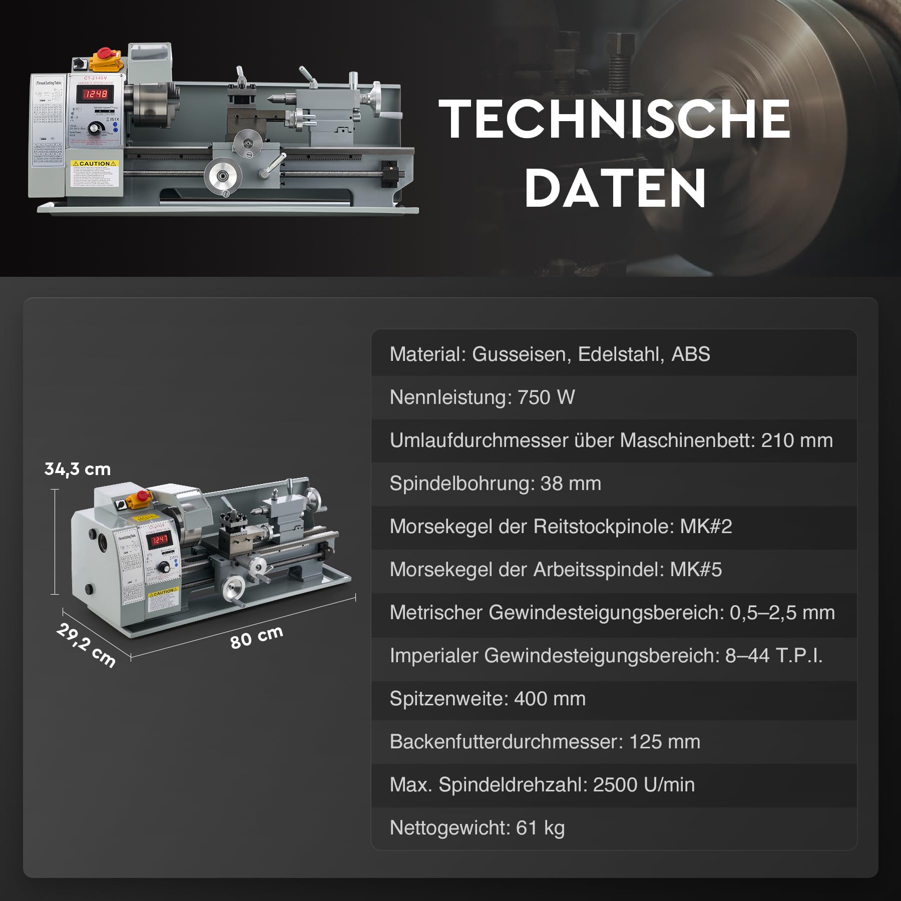 CREWORKS Metalldrehmaschine 750W Drehmaschine 8x16 Zoll Tischdrehmaschine 210x400MM Drehbank Metall 2500 RPM Mini-Metalldrehmaschine für Metallbearbeitung Metal Lathe (8 x 16 Zoll)