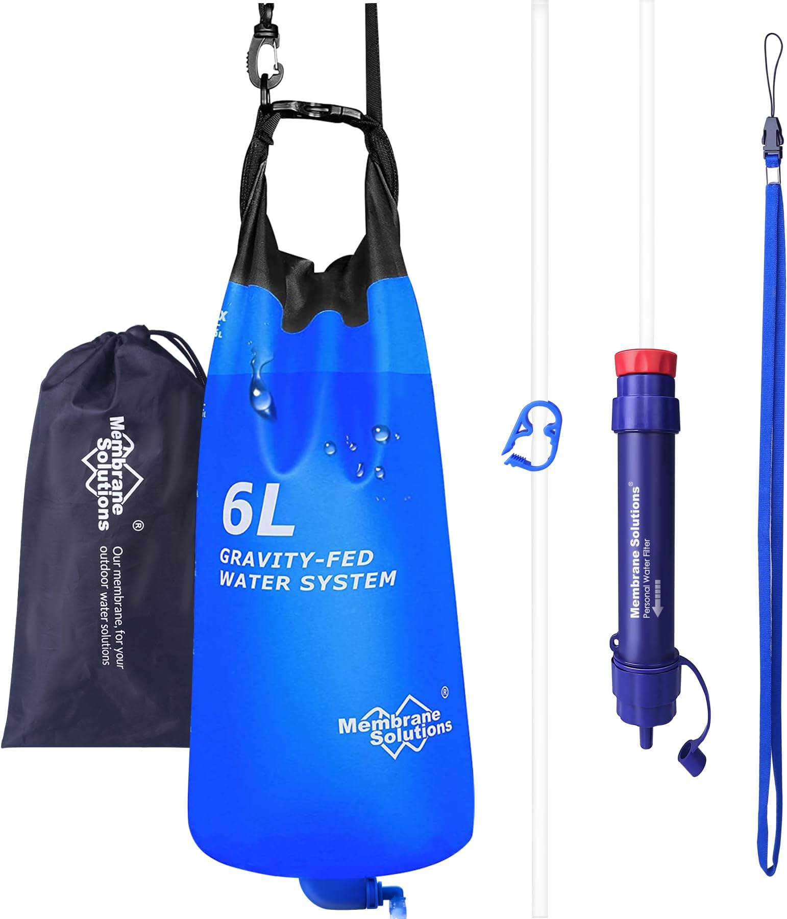 Gravity Water Filter Pro 6L, 0.1-Micron Versatile Water Purifier Camping with Adjustable Tree Strap Storage Bag, Survival Gear and Equipment for Group Camping Emergency Preparedness
