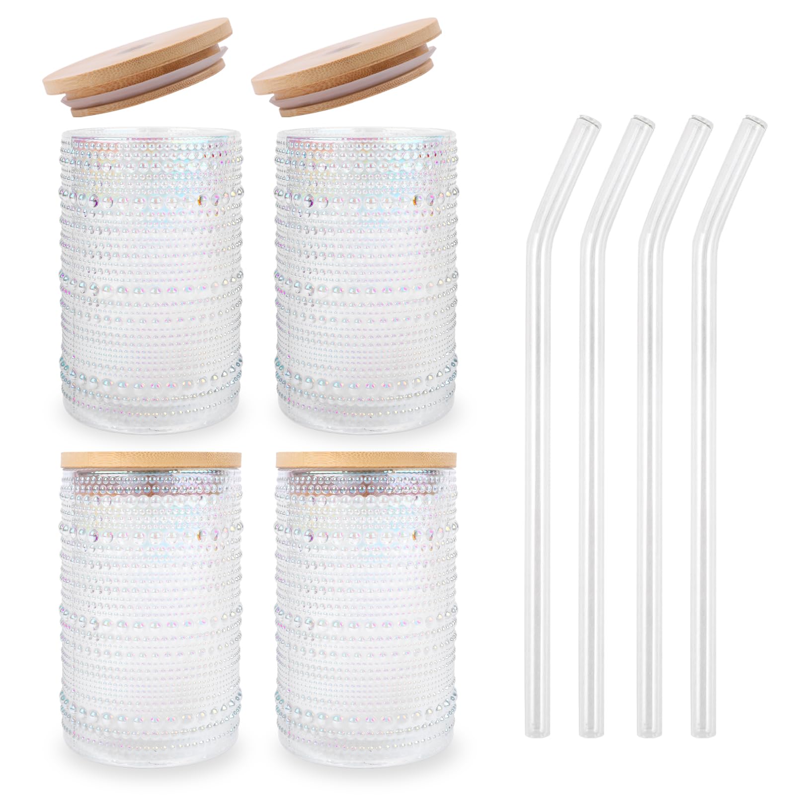 Vintage Drinking Glasses Set of 4 with Bamboo Lids, Textured Clear Striped Ribbed Glassware Set Cocktail Set Beaded Glass Cups Old Fashion Embossed Iced Coffee Cup for Beer, Beverage(16 oz), Rainbow