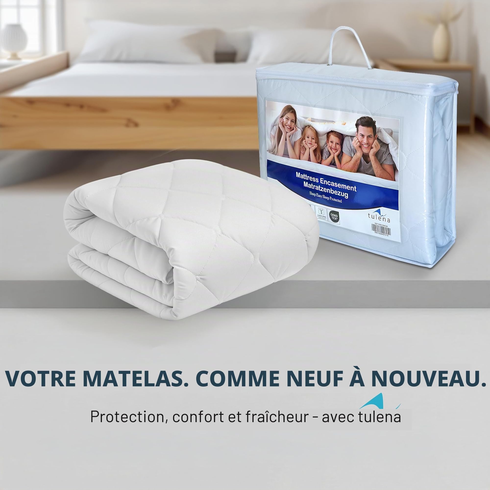 TULENA Housse de Matelas en Microfibre avec Fermeture éclair, 160x200 cm, Hauteur 23 à 25 cm, matelassée, Blanche, hypoallergénique, certifiée Öko-Tex