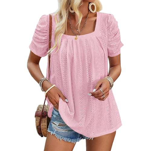 Dokotoo Women's Hollow Pleated Short Sleeves Square Neck Casual Loose Solid Color Knit T Shirts Tops Blouses