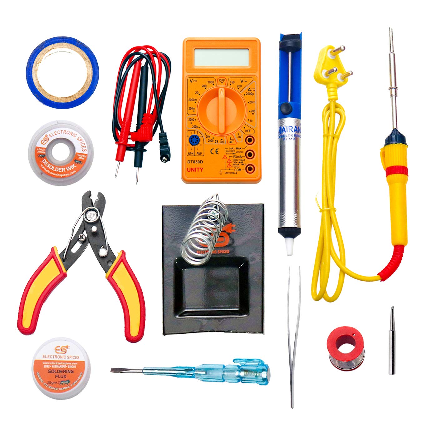 Electronic Spices (12 in 1) starter kit 25watt soldering iron/digital multimeter/iron bit/solder stand/solder wire/desoldring pump/desolder wire/paste/cutter tester/tape/tweezer (B08PZFKTG4) Amazon Price History, Amazon Price Tracker