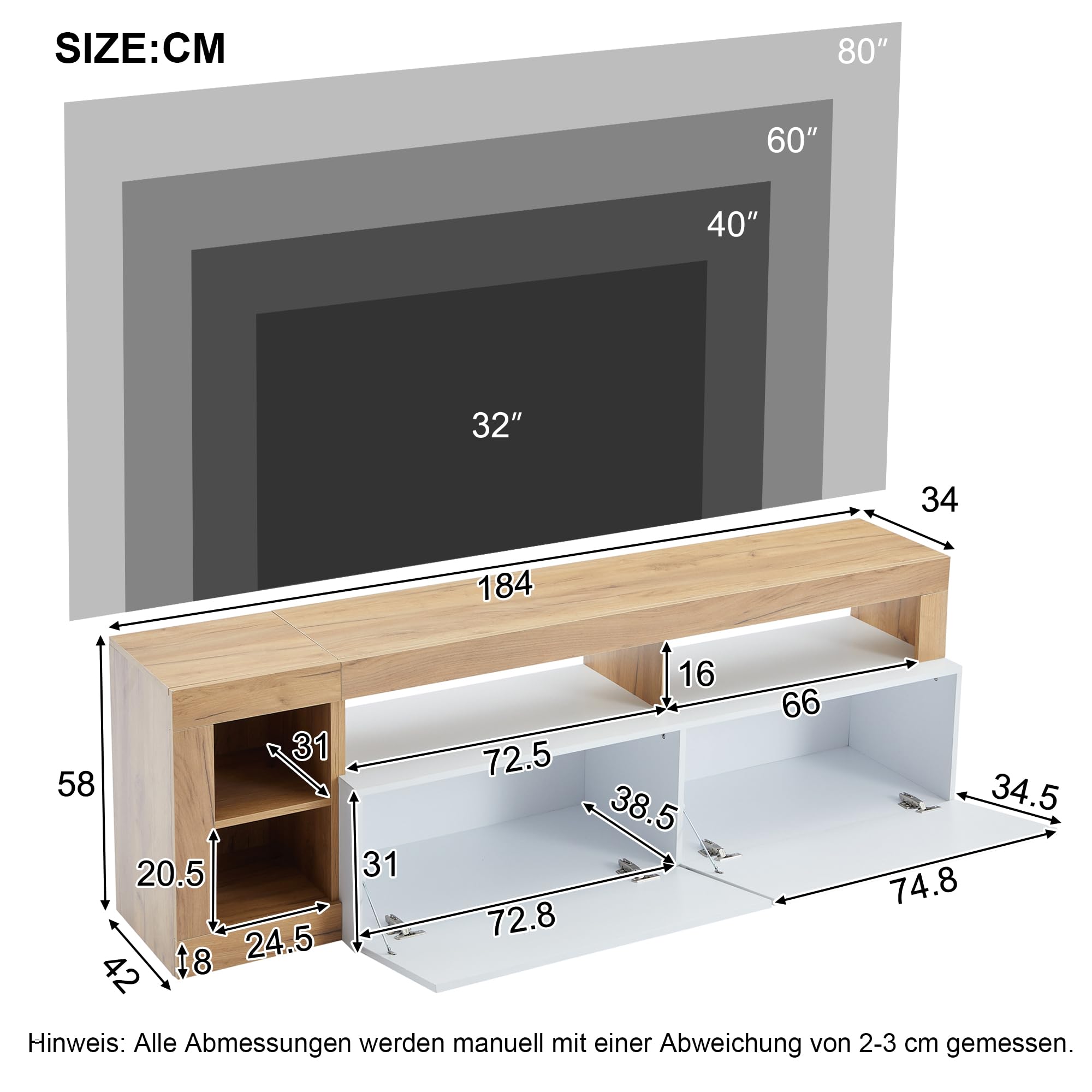 BTM Meuble TV Blanc avec Eclairage LED, Meuble Tele avec Rangement Ouvert, Meuble Télé 180cm de Longueur, pour Max 80 Pouces, 184x42x58cm, Blanc et Bois Naturel