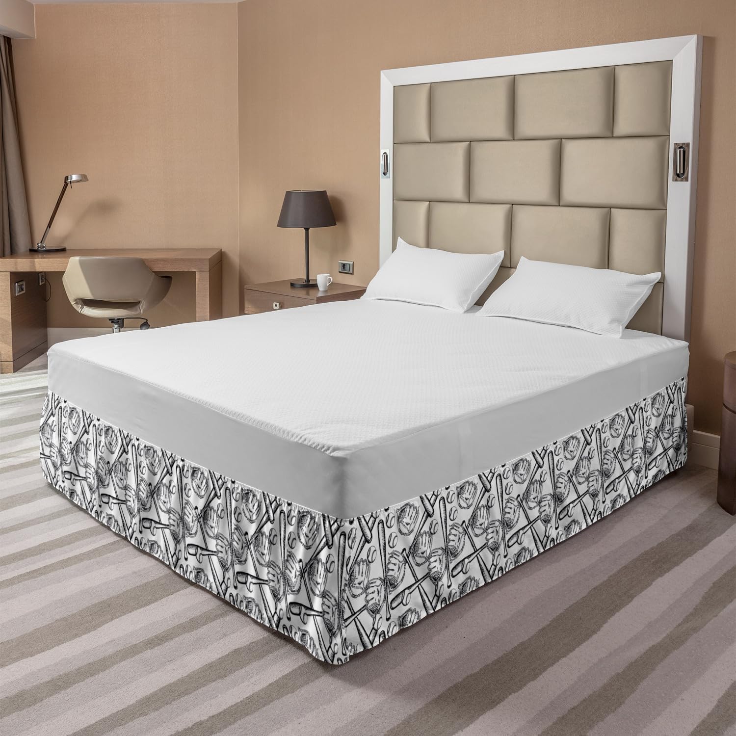 Ambesonne Baseball Bed Skirt, Sketch Style Monochrome Composition Vintage Bat and Glove Hand Drawn Illustration, Elastic Bedskirt Dust Ruffle Wrap Around for Bedding Decor, Queen, Charcoal