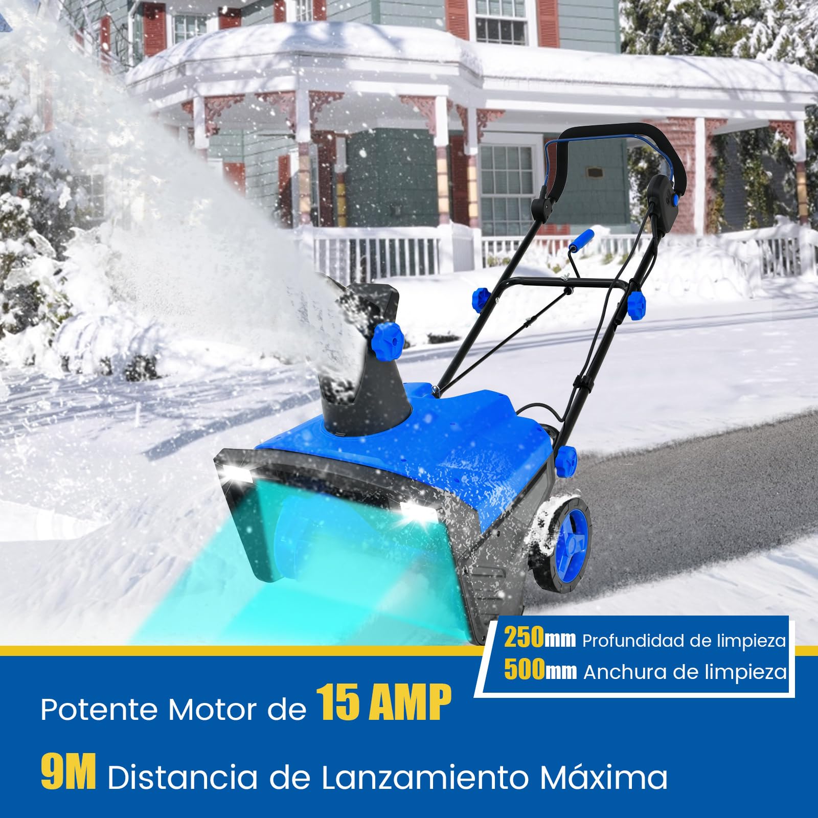 COSTWAY Quitanieves Eléctrico, 2300w, 3000RPM, Chorro Giratorio de 180°, Pala de Nieve con Ruedas y Cable, Distancia de Lanzamiento de 9 M, Máquina Quitanieves con Luces LED Duales (Azul)