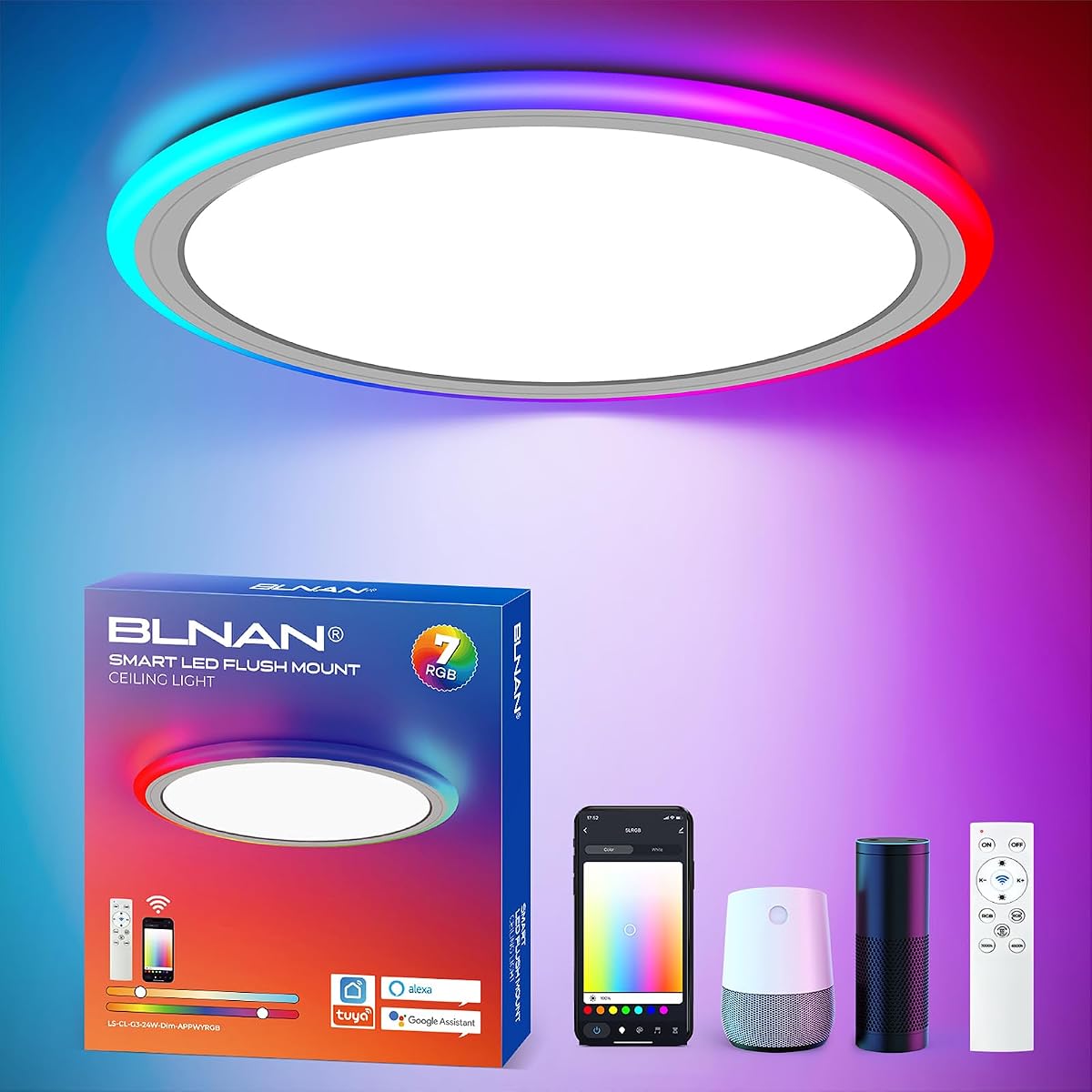 Smart RGB LED Flush Mount Ceiling Light with Remote, 13 Inch 24W Dimmable Color Changing Low Profile Wired White Fixture, Works with Alexa Google Home App for Bedroom Living Kids Room Party