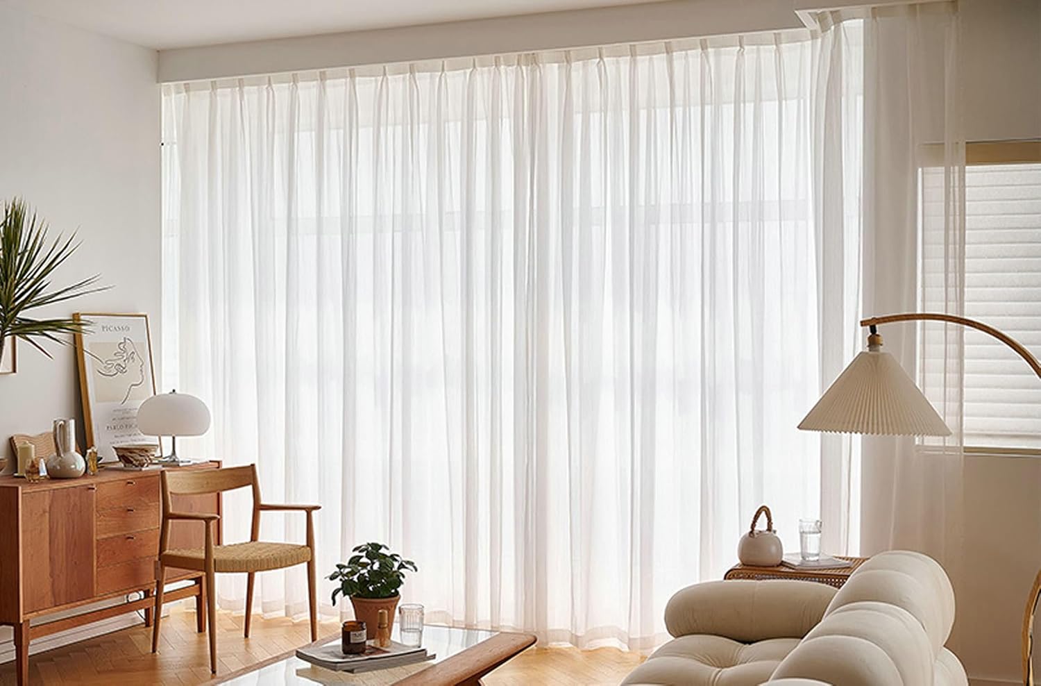 Daesar 2 Panels Transparent Curtains 96 Inch Length, Eyelet Sheer Curtains Solid Color Striped Texture Window Voile Treatment for Bedroom Living Room, 42x96 Inch Beige White