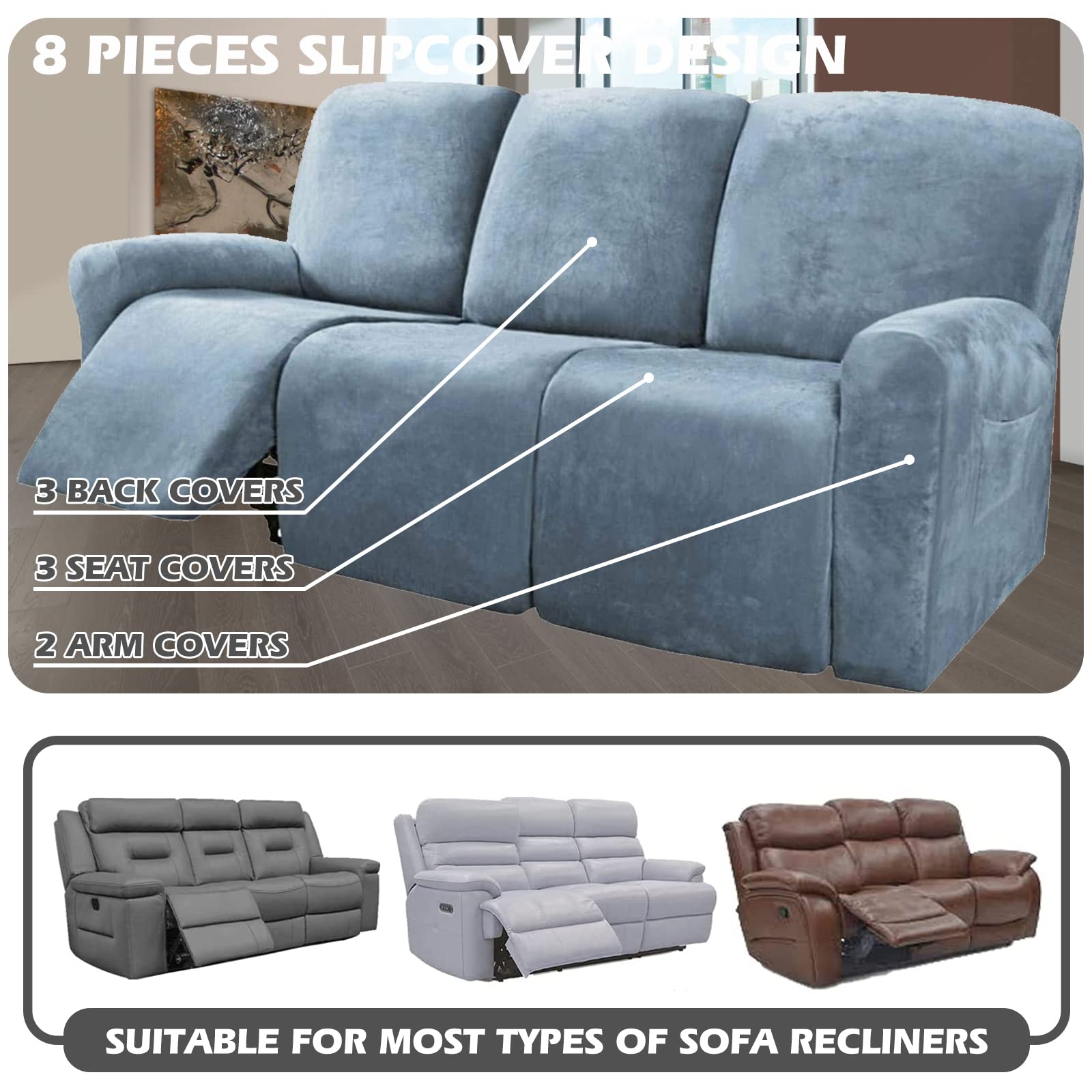 Honeyhouse Funda de sofá Relax de 3 plazas, Funda de sillón reclinable de Terciopelo Extensible de 8 Piezas, Funda para sofá Relax de 3 plazas con Bolsillo Lateral Antideslizante, Lavable