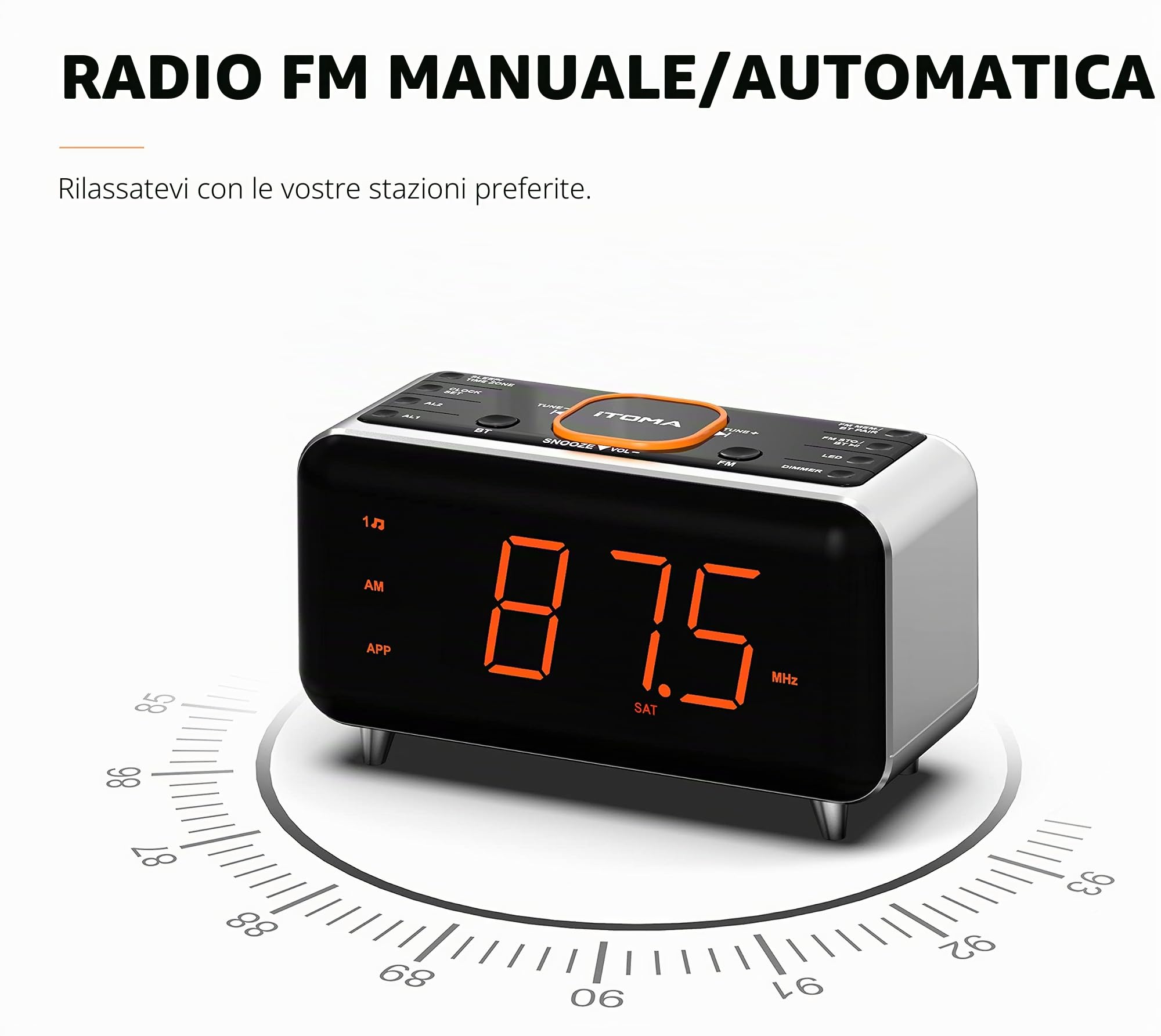 iTOMA Radiosveglia con Controllo Tramite App, Bluetooth, Radio FM, Doppia Sveglia con 4 Modalità di Allarme, Snooze, Dimmer, Luce Notturna, Porta di Ricarica USB CKS208