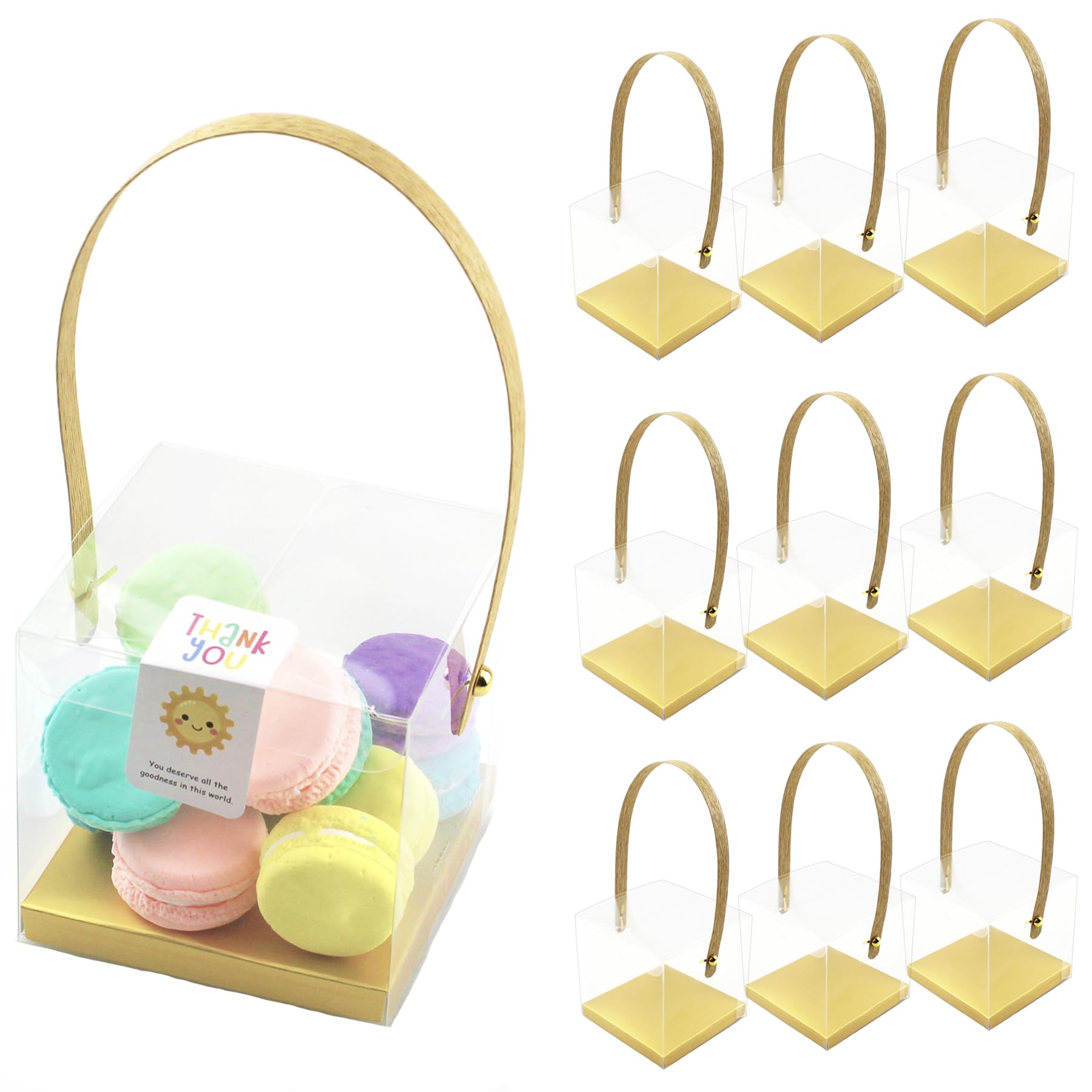 Amonk 10 Pack Clear Plastic Favor Boxes with Gold Handle, 3.74x3.74x3.62 Inches Transparent Reusable Gift Boxes for Candy, Chocolates, Treats, Party Favors, Wedding, Birthday, Shower Decorations