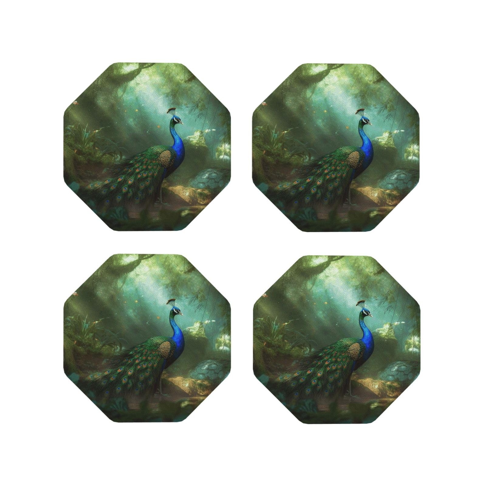4pcs Drink Coasters for Tabletop Protection, 4" Leather Coasters for Drinks, Peacock Cup Coasters for Coffee Table Decor, Non-Slip Drinking Cup Mat for Hot Or Cold Drink