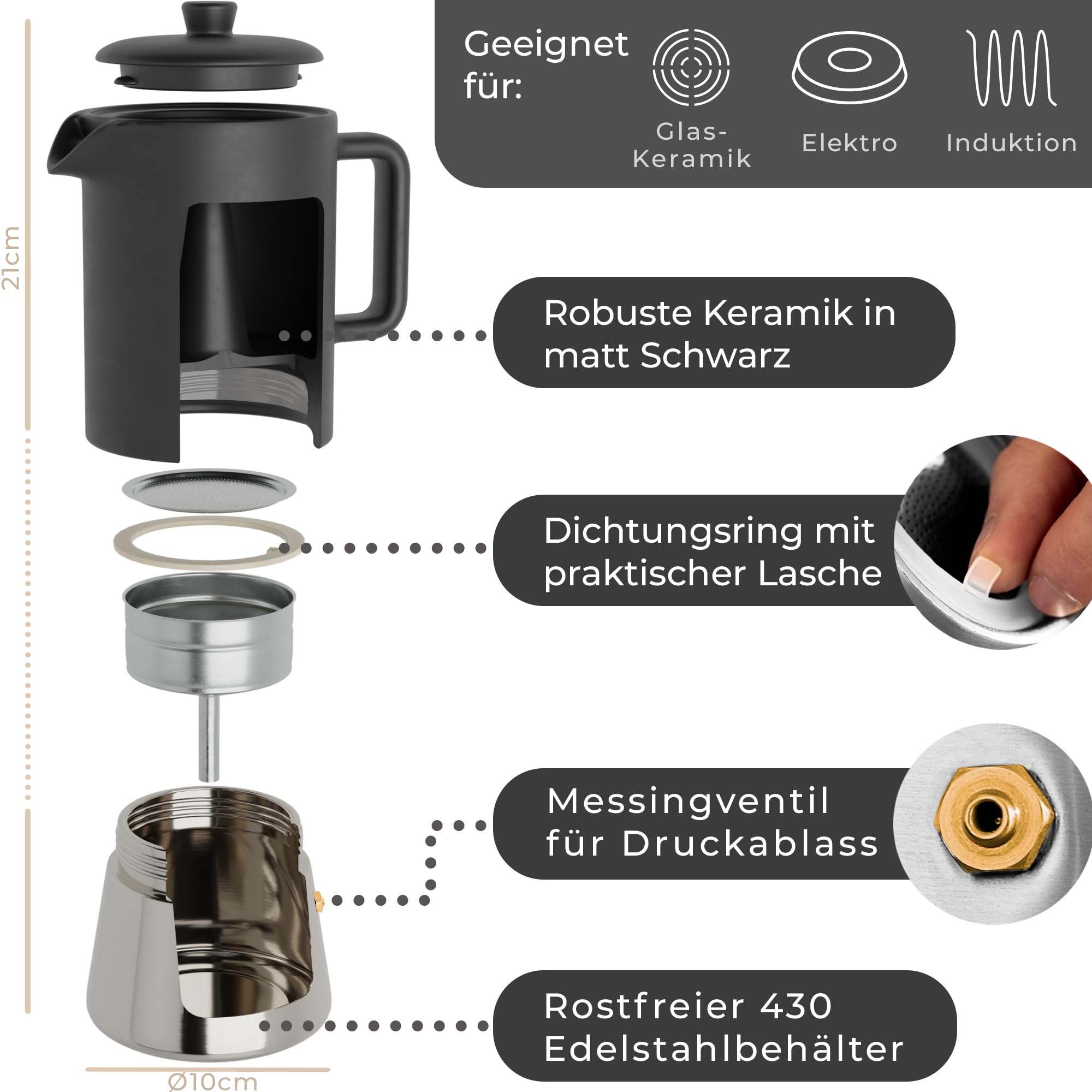 Steinzeit Design ceramiczny ekspres do espresso (300 ml) – Ekspres do espresso odpowiedni dla wszystkich typów kuchenek – Dzbanek do mokki z podstawą ze stali nierdzewnej i ceramicznym dzbankiem