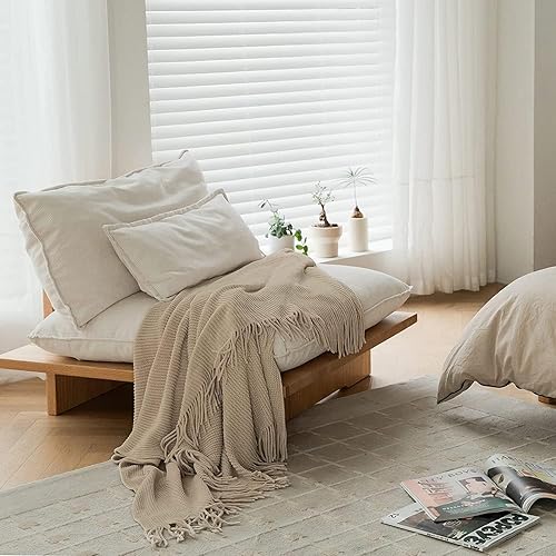 Miniatura 6 de lifein Manta de otoño para sofá, suave y bohemia, acogedora manta de felpilla de punto beige, manta ligera de granja pequeña para otoño, mujer,