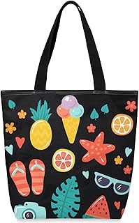Sacolas de lona com zíper e bolso interno, bolsa de ombro feminina casual bolsa de mão abacaxi melancia, bolsas de compras reutilizáveis de cozinha, bolsas de lona para uso para livros, sacolas de compras, sacolas de presente, Multicor