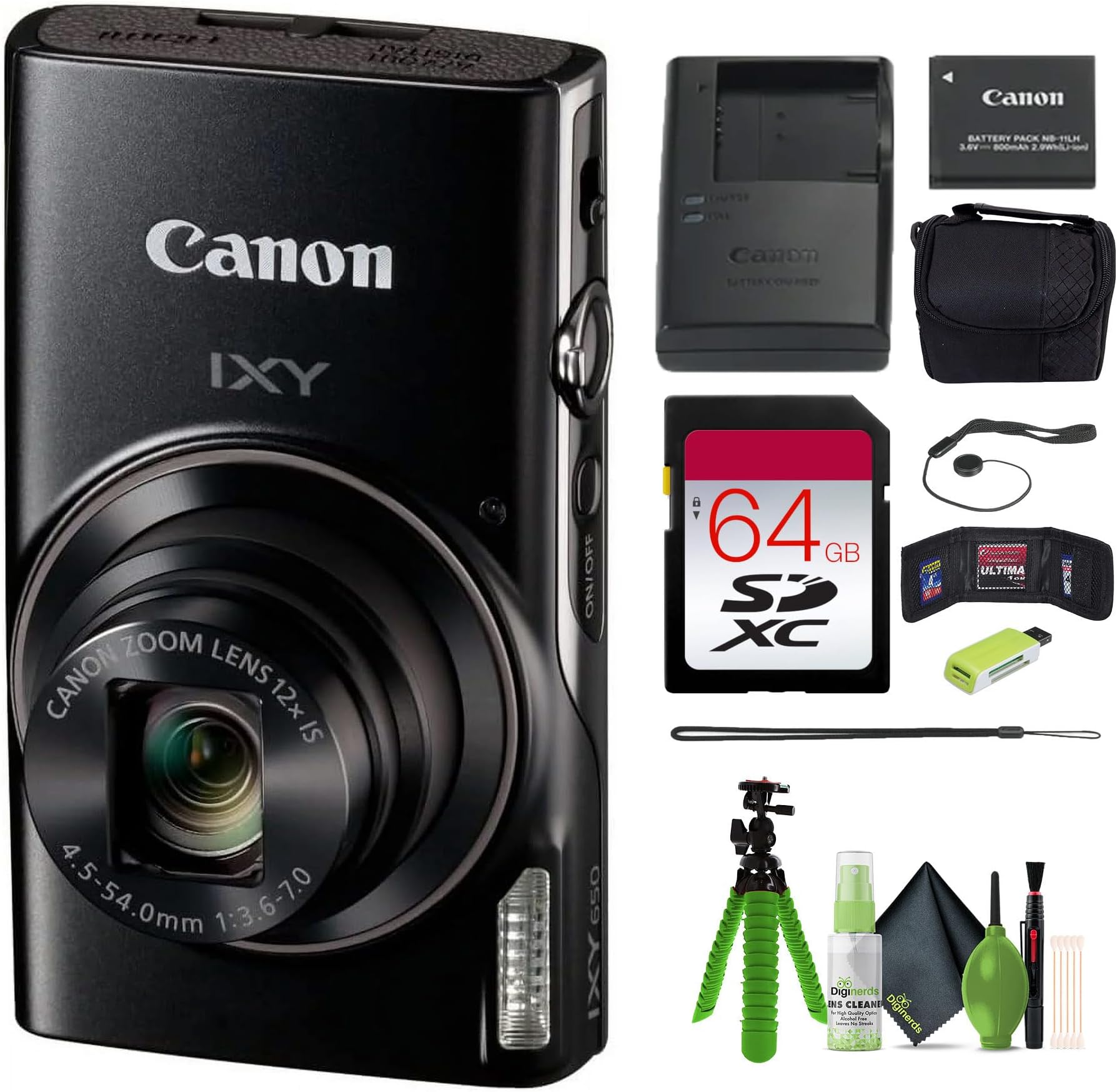 Canon PowerShot IXY 650 (ELPH 360) HS Compact Digital Camera 12x Optical Zoom IXY650 (Black) Bundle with 64GB Memory Card + Camara Bag + Card Reader + Vlogging Tripod + Cleaning Kit + More