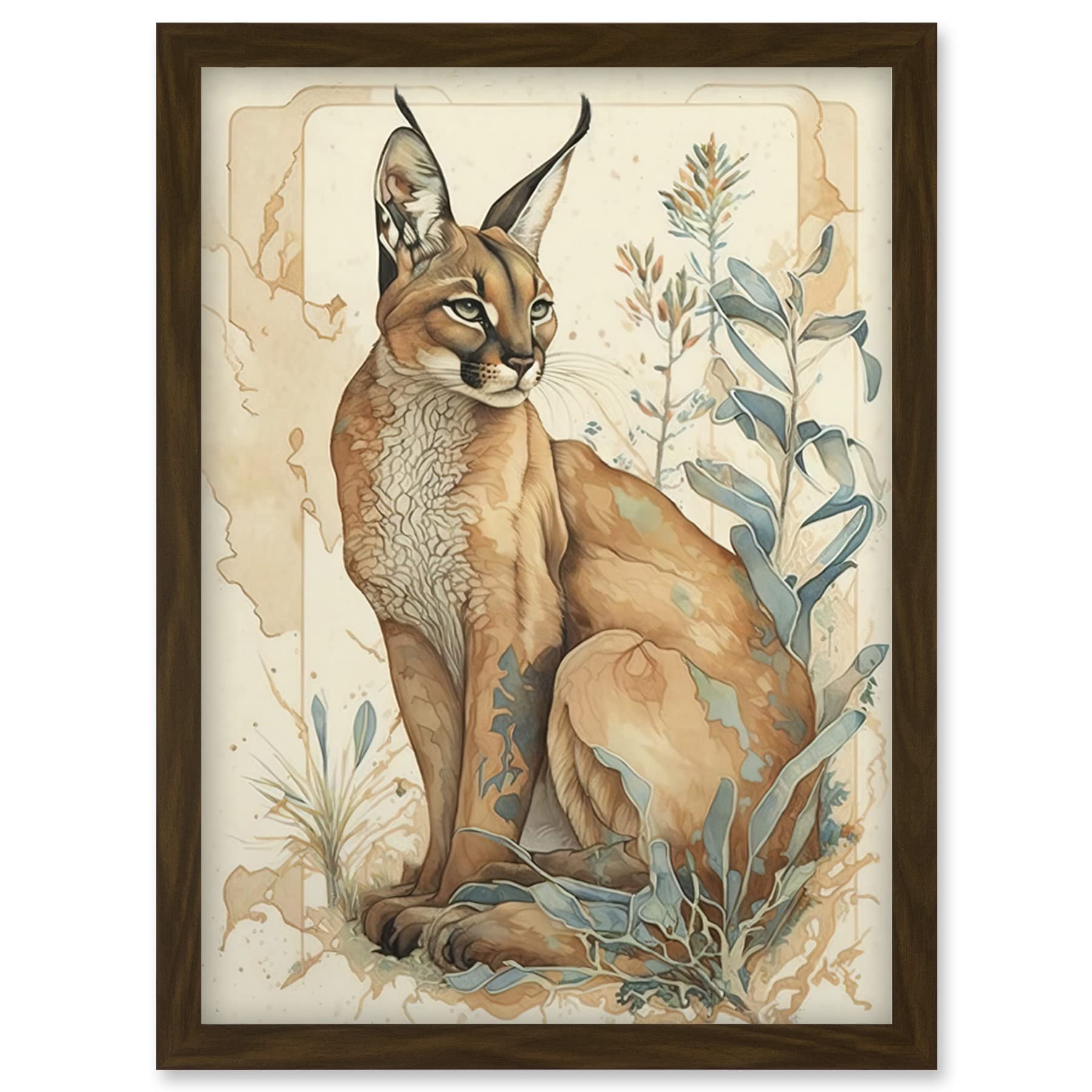 Artery8 Caracal Cat with Teal Plants Modern Pastel Watercolour Illustration Artwork Framed Wall Art Print A4
