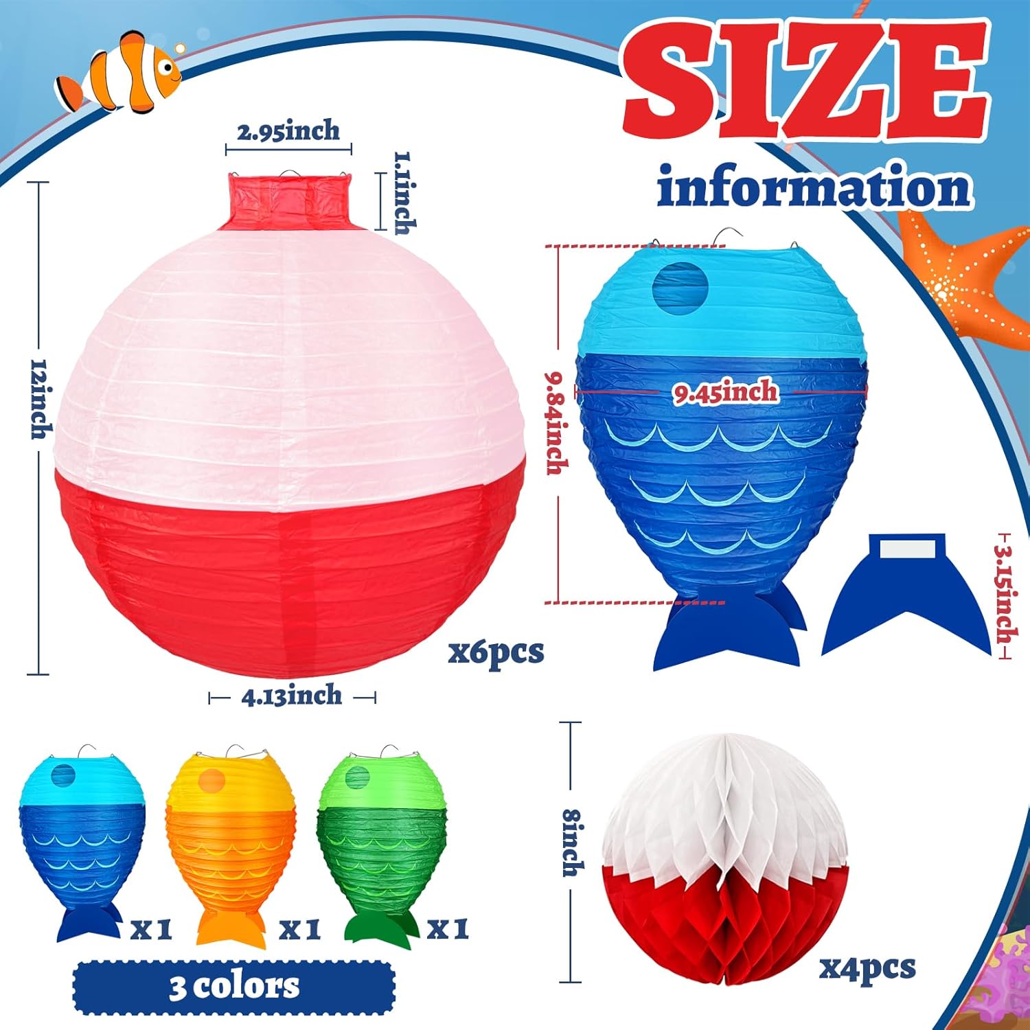 13pcs Fishing Bobber Paper Lanterns Hanging Fish Shaped Lanterns Honeycomb Ball Decorations Red and White Paper Lanterns for Fishing Themed Party Decorations Birthday Decor Supplies.