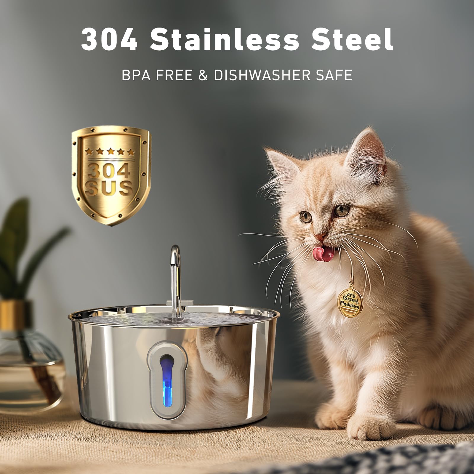 HAJXM Stainless Steel Cat Water Fountain, 135oz/4L Automatic Pet Fountain Dog Water Dispenser with Ultra-Quiet Pump & 2 Replacement Filters & for Cats Inside, Dogs, Multiple Pets