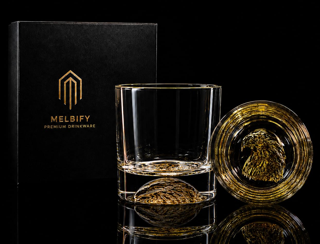 Melbify Eagle Whiskey Glass | Set of 4 | 300 ml | Whiskey Glass Gift Set| Golden Whiskey Glasses|Big| Unique| Broad |Thick| Premium | Thick Bottom | Premium | Speciality Whiskey Glass | Gold Plated