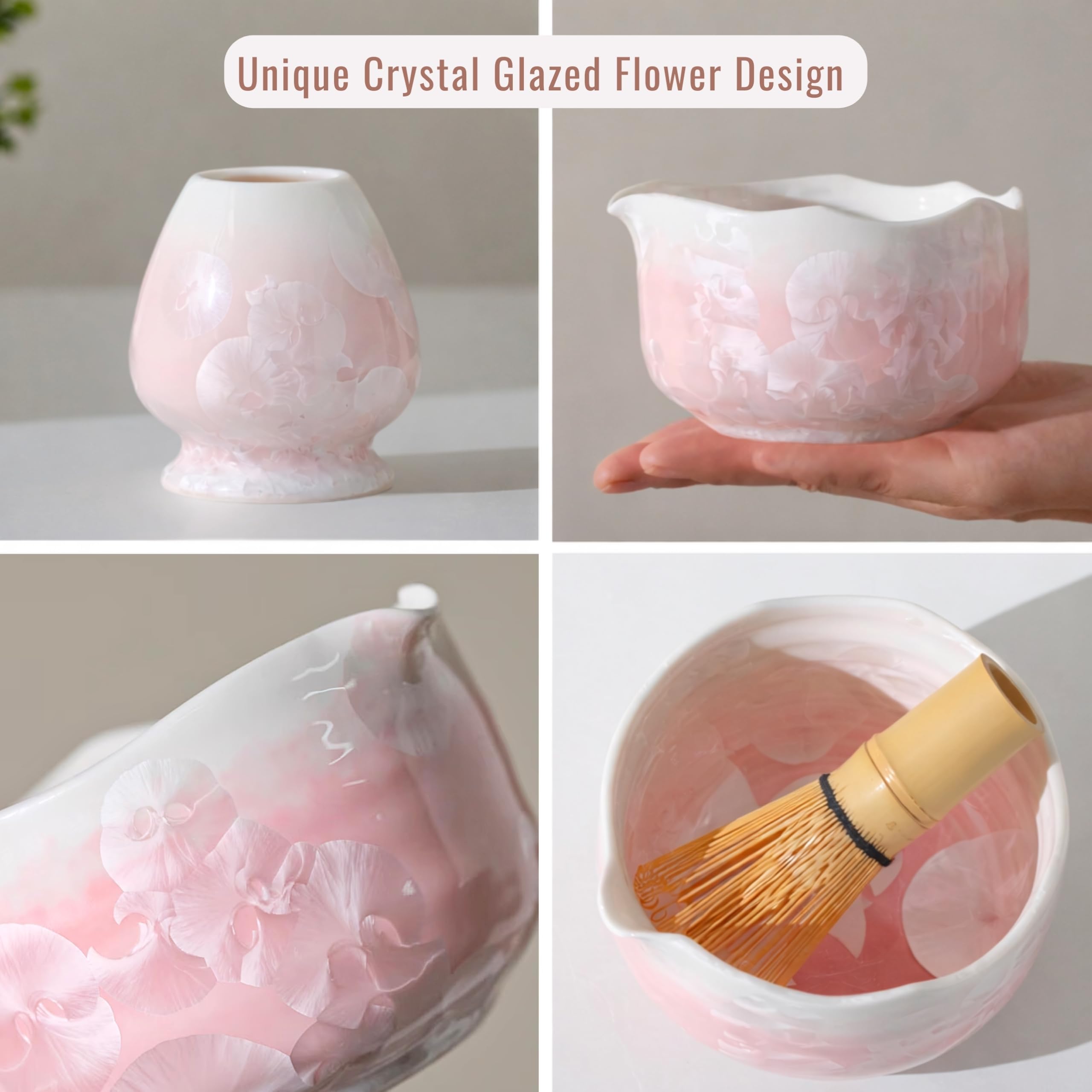 Matcha Set Rosa 5-teilig – Matcha Besen Set, Schale mit Ausgießer, Besenhalter, Bambusbesen, Sieb & Löffel – Crystal Glazed Flower Design – Geschenk für Matcha-Liebhaber (Pink)