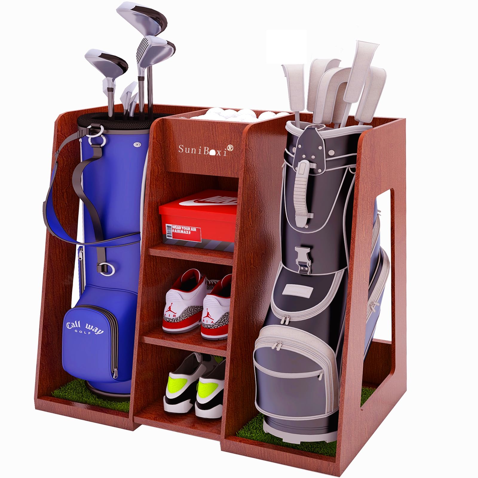 Golf Bag Organizer, Premium Wooden Golf Storage Rack, Stylish Heavy-Duty Golf Bag Storage Rack for Garage, Indoor Spaces, Basements, and More