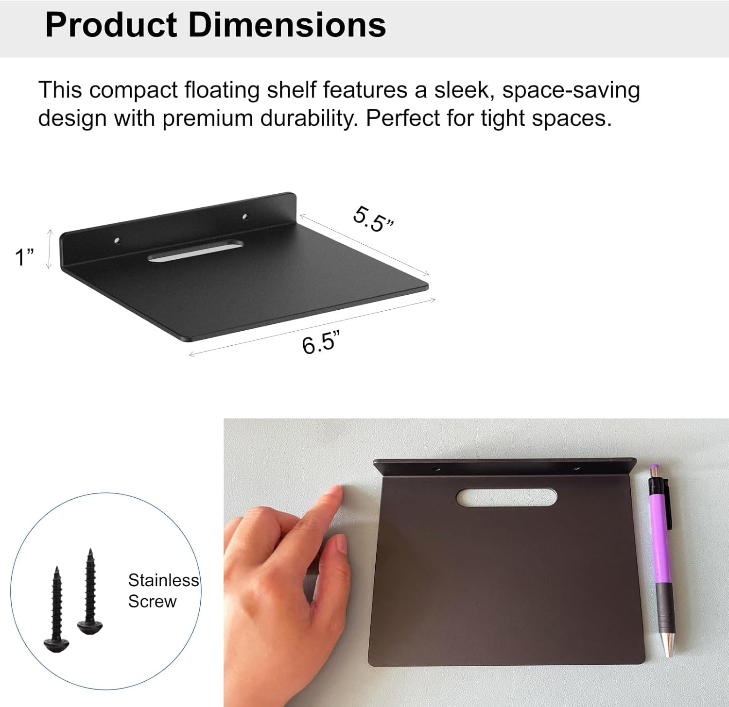 Small Floating Shelf –3mm Thick, 6.5 inch, Wall Shelf, Metal Floating Shelves for Echo, Cameras, Small Speaker, Wall Shelves for Bathroom, Living Room, Bedroom (Black 2 pcs)