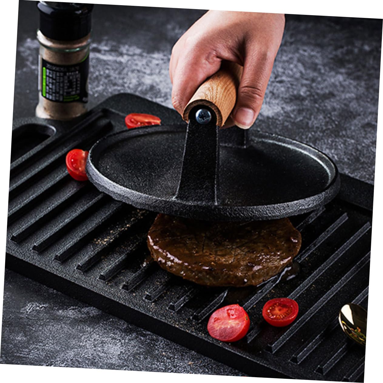 UKCOCO Prensa Hamburguesas Hierro Fundido con Mango de Madera Molde Redondo para Carne y Filetes Herramienta Manual para Hacer Hamburguesas Uniformes y Rellenas Fácil Limpieza