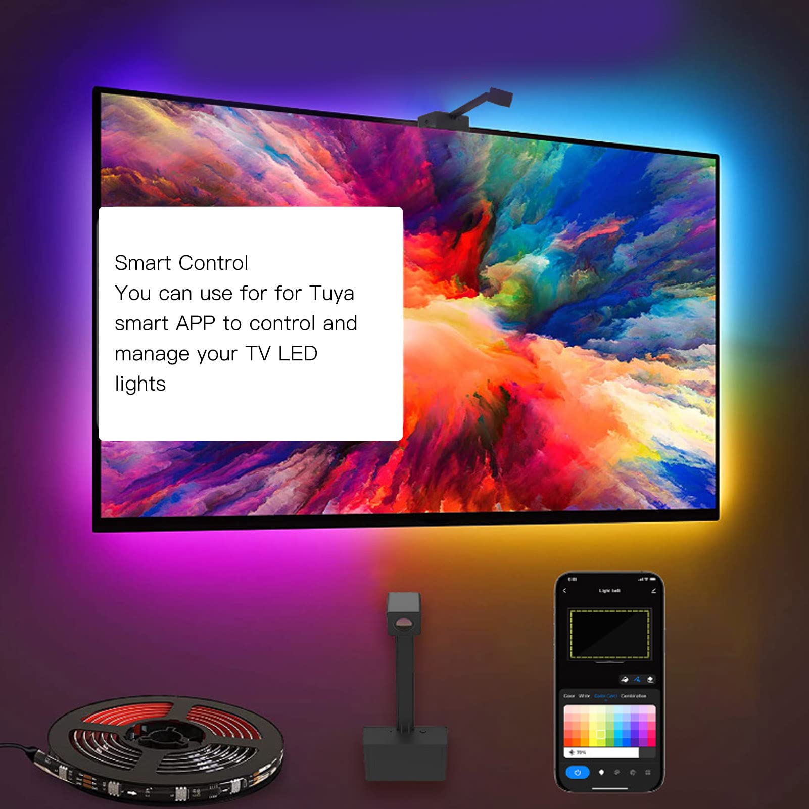 Septpenta Bande Lumineuse de Rétroéclairage TV RVB, Contrôle par Application de Caméra 1080P Technologie Rétroéclairage LED TV WiFi, Effets D'éclairage Dynamiques pour Téléviseur 55 à 65 Pouces(UE)