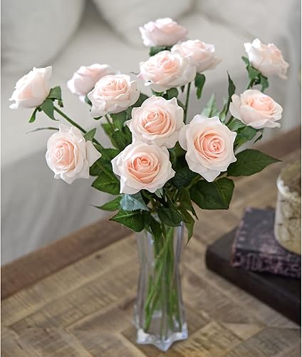 Miniatura 5 de FiveSeasonStuff Rosas falsas flores de boda de tacto real seda crema rosa flores artificiales 12 tallos