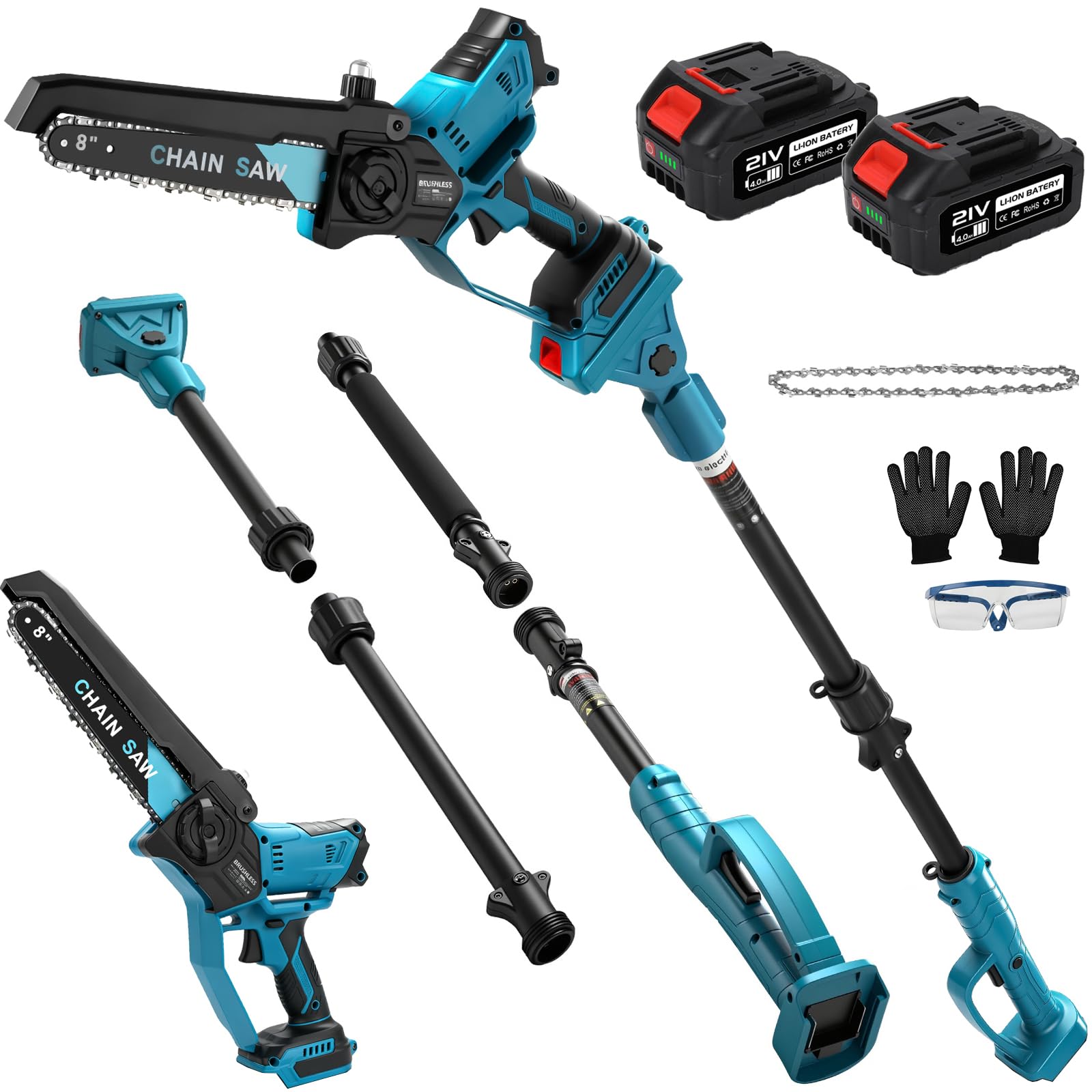 Professional Brushless Pole Saw with 2 x 4.0 Ah Batteries, 15 ft Long Reach