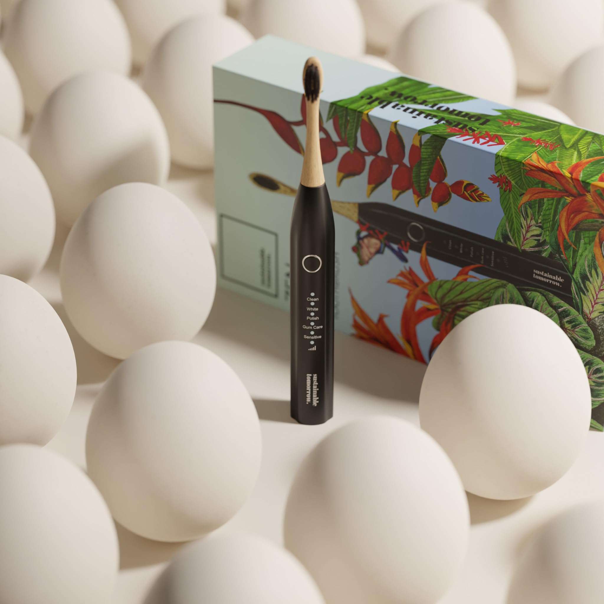 Sustainable Tomorrow Zen Bamboo Spazzolino da denti elettrico per adulti, modello wireless onice, ricaricabile con setole morbide a base vegetale, teste in bambù, 5 modalità e batteria a lunga durata