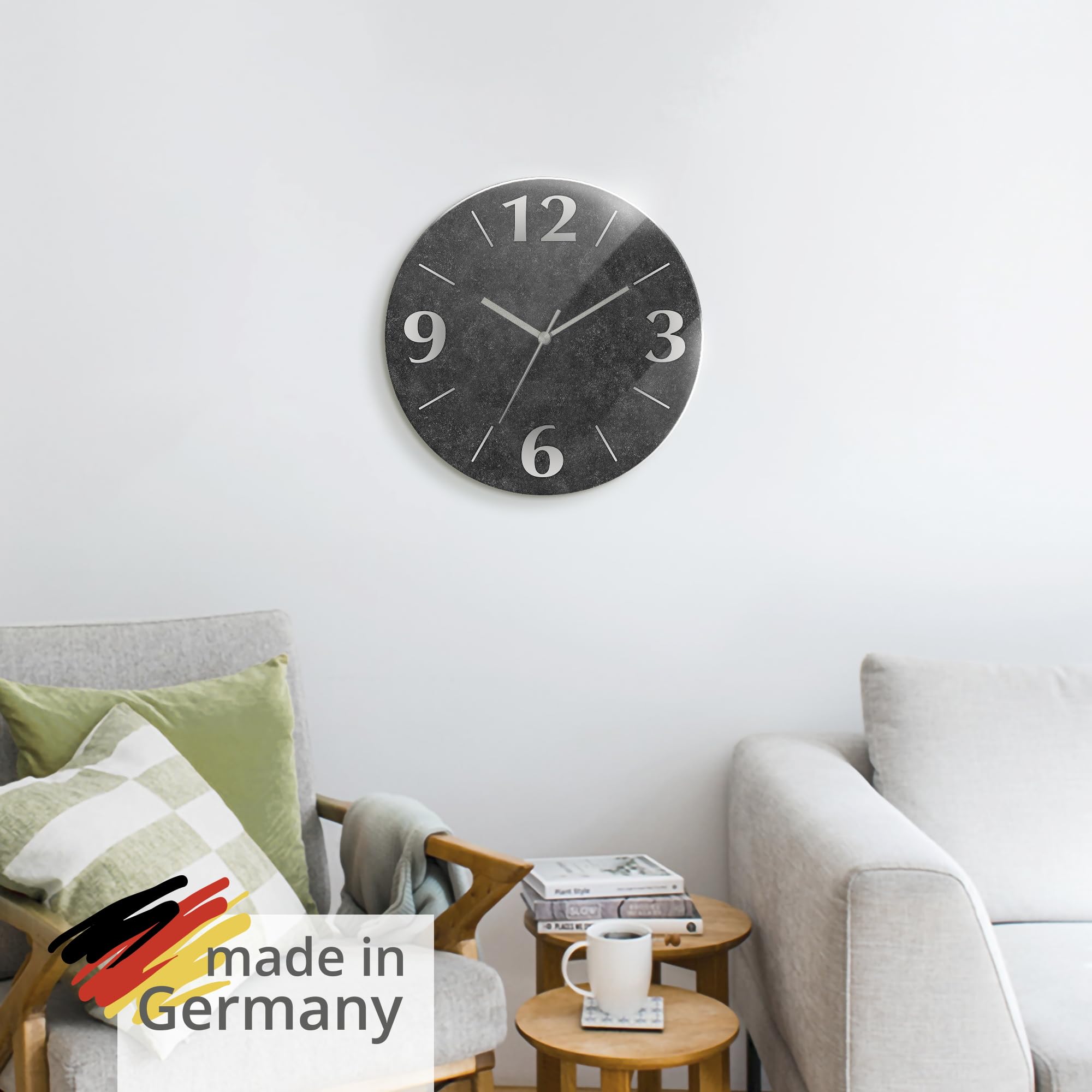 ARTLAND Wanddeko Wanduhr ohne Tickgeräusche aus Glas Funkuhr Ø 30 cm Rund Lautlos Ø 30 cm Granitoptik Gesteinoptik Anthrazit J4XM