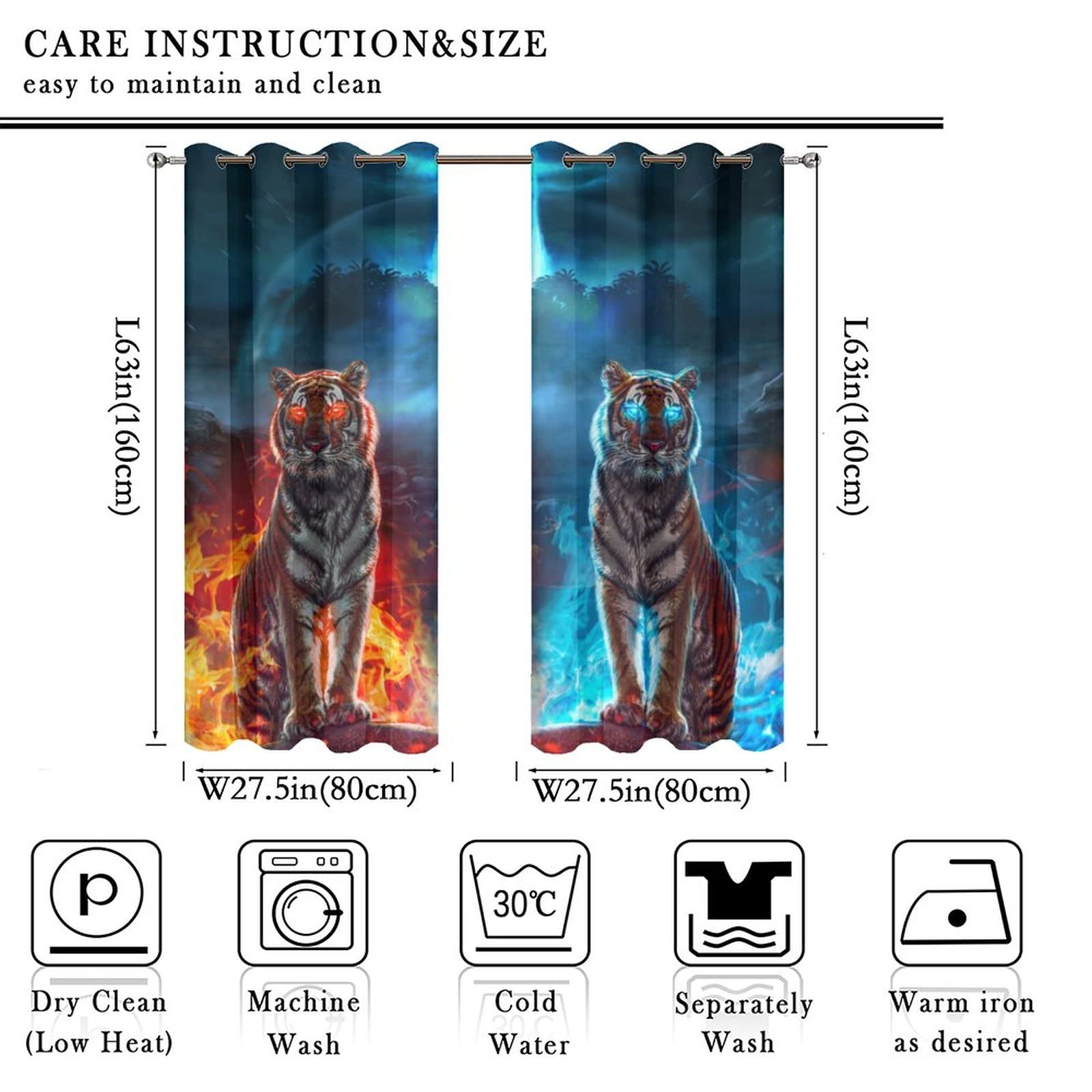 Kazynee Cool King of The Forest Anime Tiger Ultra Soft Premier Blackout Curtains,Abstract Fantasy Animal Fire Ice TigerThermal Insulated Bedroom Noise Reducing Patio Door Grommet Top,55x63in
