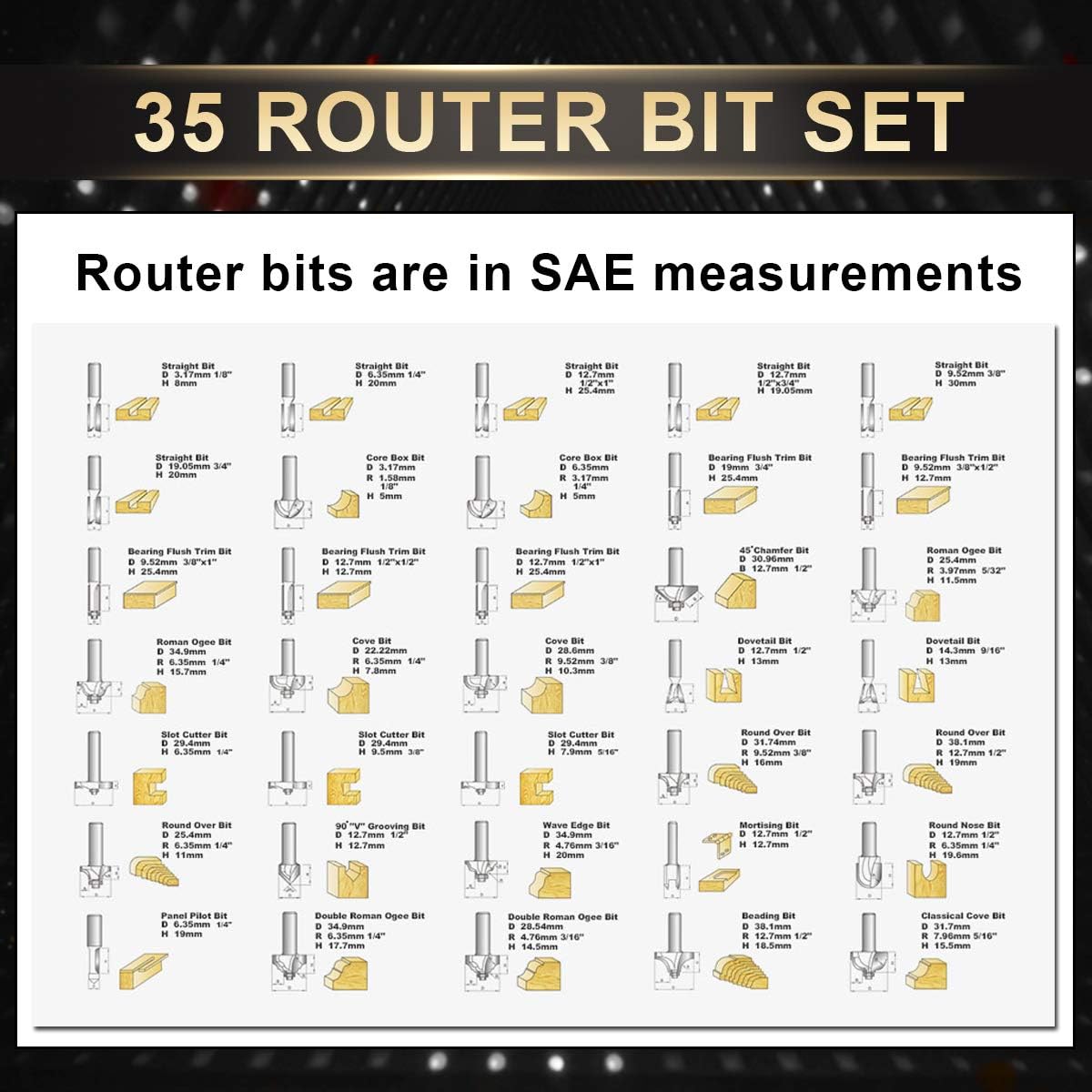 KATUR 35Pcs Tungsten Carbide Router Bit Set 1/4 Inch Shank, Carbide Tipped Router Bit Set with Alloy Case, Woodworking Milling Cutter Tools (1/4"Shank)