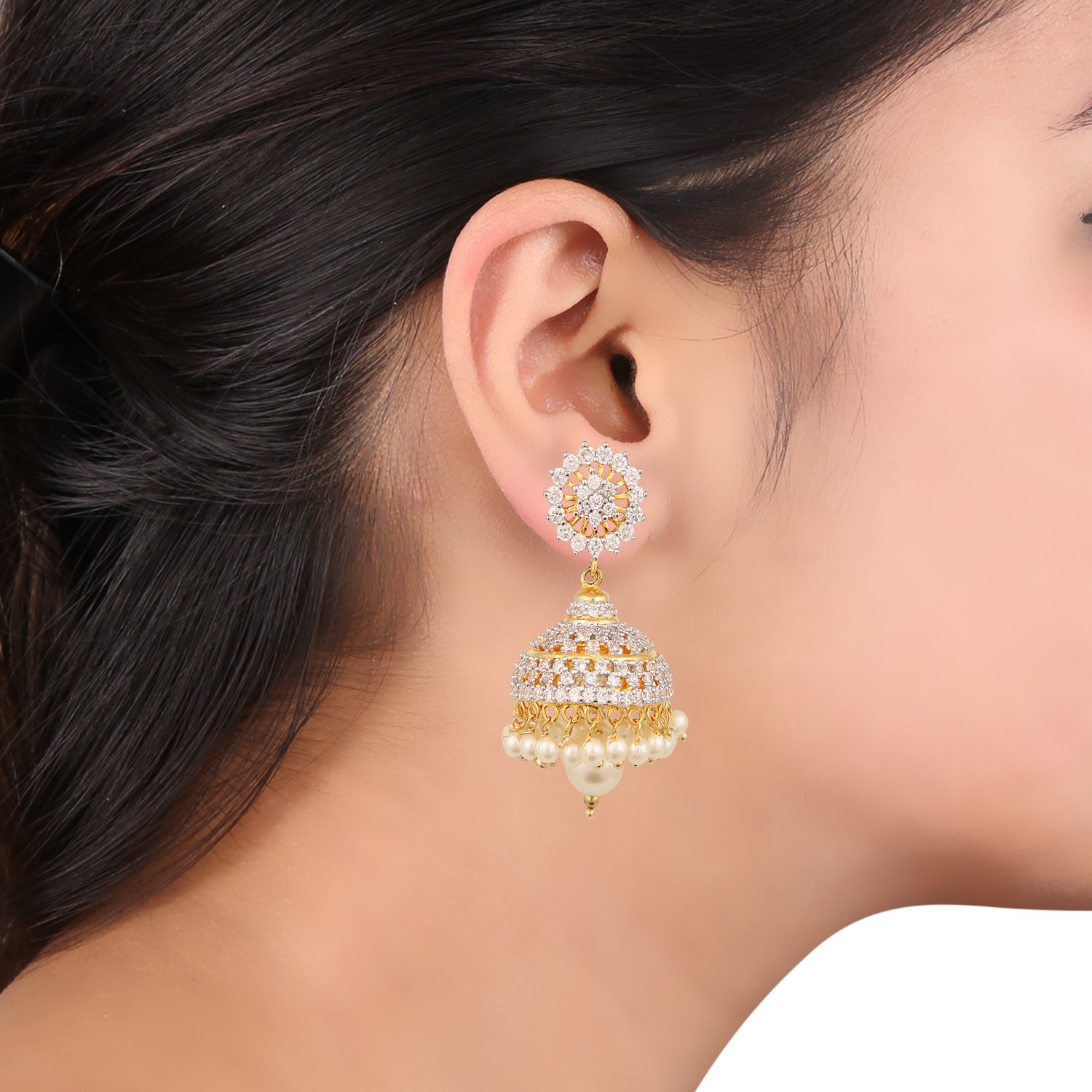 Swasti Jewels American Diamond CZ Fashion Jewellery Traditional Ethnic Pearls Gold Plated Jhumka Earrings for Women 2