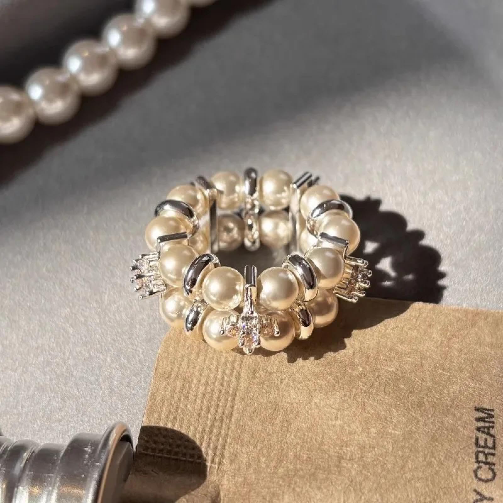 Ring Ringe Damen Bijouterie Herren Vintage Doppellagiger Perlenring Für Damenmode Nischendesign Exquisite Elastizität Verstellbares Schmuckzubehör