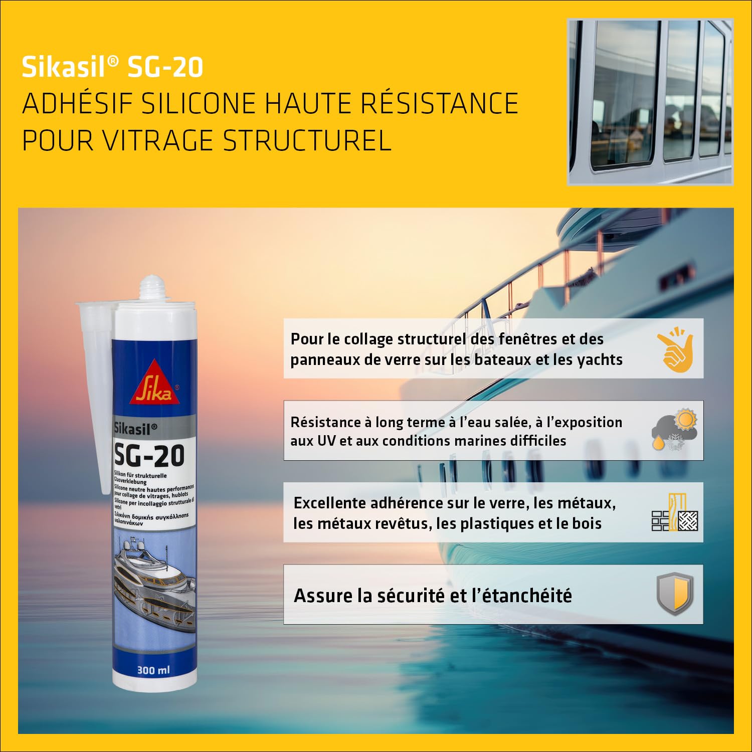SIKA - Mastic Silicone pour le Collage et L'étanchéité de Vitrage - Hublots - Sikasil SG-20 Noir (Réservé aux Professionnels) - Classement au feu B1 - Résiste aux UV et au veillissement - 300ml
