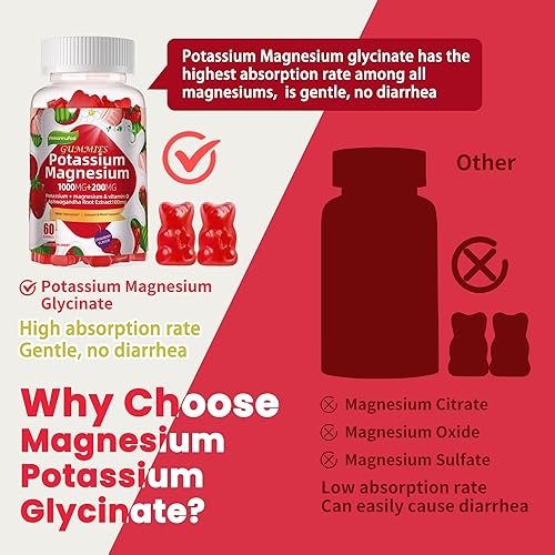 Miniatura 8 de Gomitas de potasio y magnesio, glicinato de magnesio de alta absorción, B6, D3, citrato de potasio para calambres en las piernas, músculo,