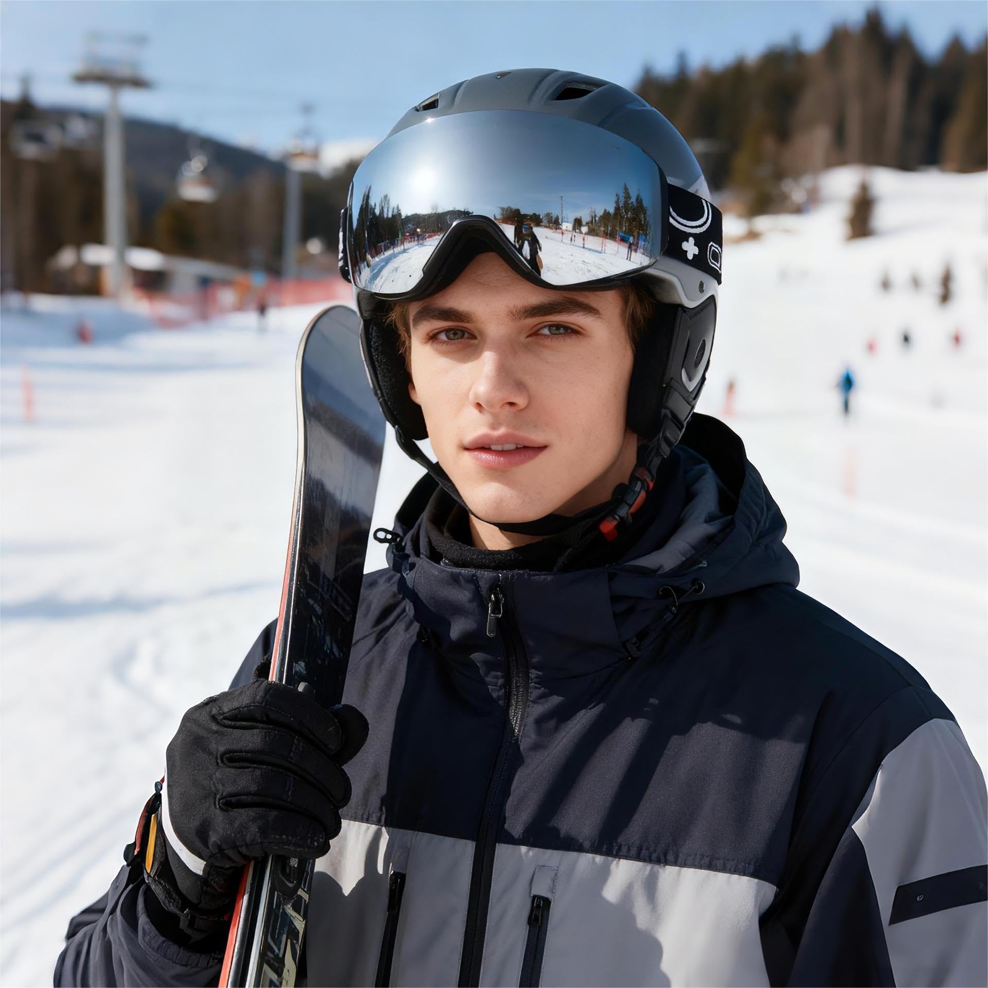 Gogle narciarskie, OTG, gogle snowboardowe, magnetyczne wymienne soczewki, ochrona przed promieniowaniem UV, przeciwmgielne, YH879B, dla mężczyzn i kobiet, czarna rama, srebrna soczewka (VLT 13%) +