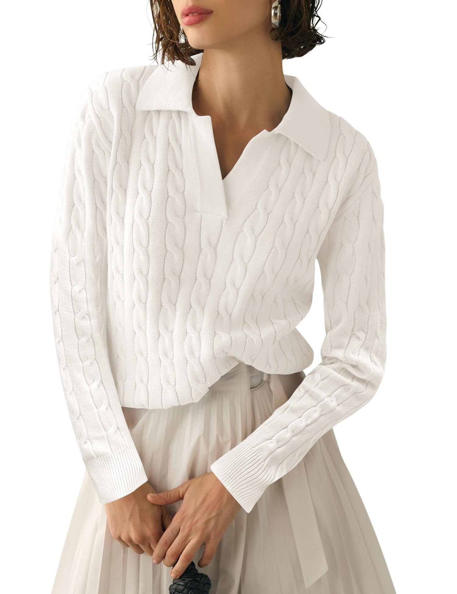 Micoson Womens Fall Long Sleeve Sweaters Lapel V Neck Cable Knitted Pullover Casual Soft Jumper Top