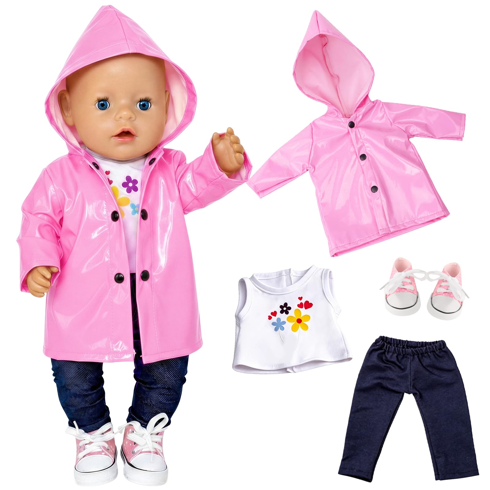 Doll Clothes Outfits for 14-18 Inch Baby Dolls，Baby Doll Clothes Pink Raincoat with Hooded Raincoat Floral T-shirt Trousers Shoes for 35-45cm Newborn Baby Doll Accessories Gift for Girls