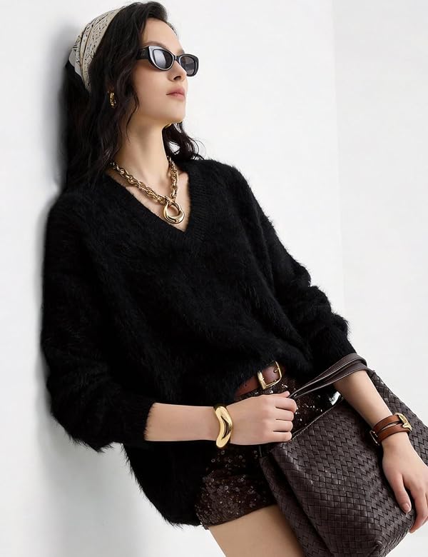 Women's Fuzzy Sweater Oversized V Neck Sweaters Cozy Soft Knit Fluffy Pullover Loose Jumper Top(Black-XL) by Wyeysyt - Image 3