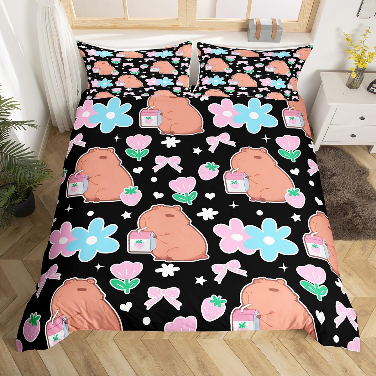 Homewish Girls Kawaii Capybara King Bedding Set, Black And Pink Bed Set, Pink Bow Duvet Cover For Kids Women Teens Capybara Room Decor, Strawberry Florals Comforter Cover With 2 Pillowcases โ image 1