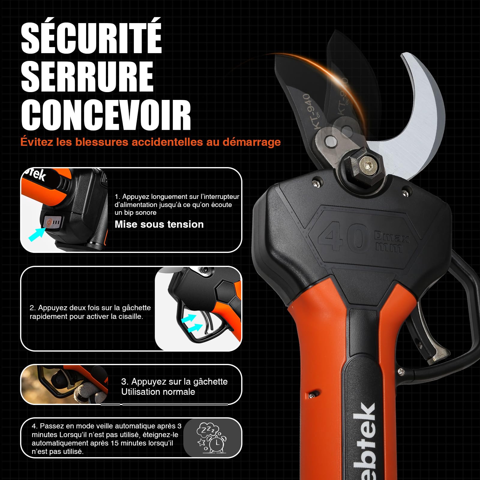Kebtek Sécateur électrique avec Perche Télescopique Kit - Professionnel Sécateur à Batteries - Moteur Sans Balais 18 V - Diamètre de Coupe 40mm, 2 Pack Batteries