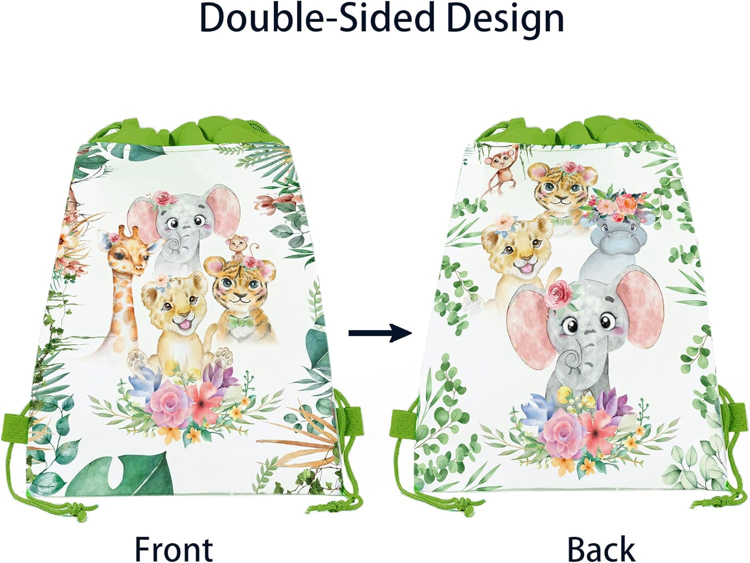 CC HOME 12 Pack Jungle Animals Drawstring Party Bags, Tiger Lion Elephant Gift Candy Treat Bags, Jungle Animals Theme Party Favor for Baby Shower Kids Girls Boys Birthday Decorations 10.6 x 13.4'' - Image 2